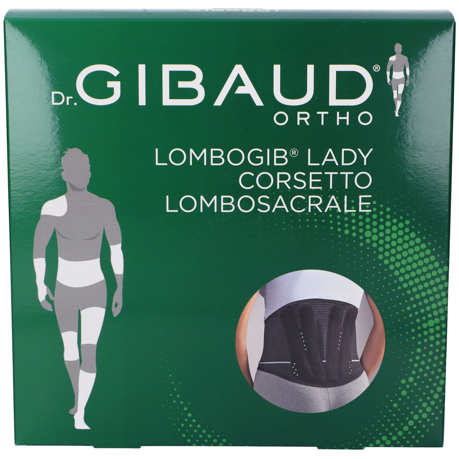 Grüne Verpackung mit Produktabbildung. Aufschrift: Dr. Gibaud Ortho, Lombogib Lady Corsetto Lombosacrale. Abbildung eines Korsetts.