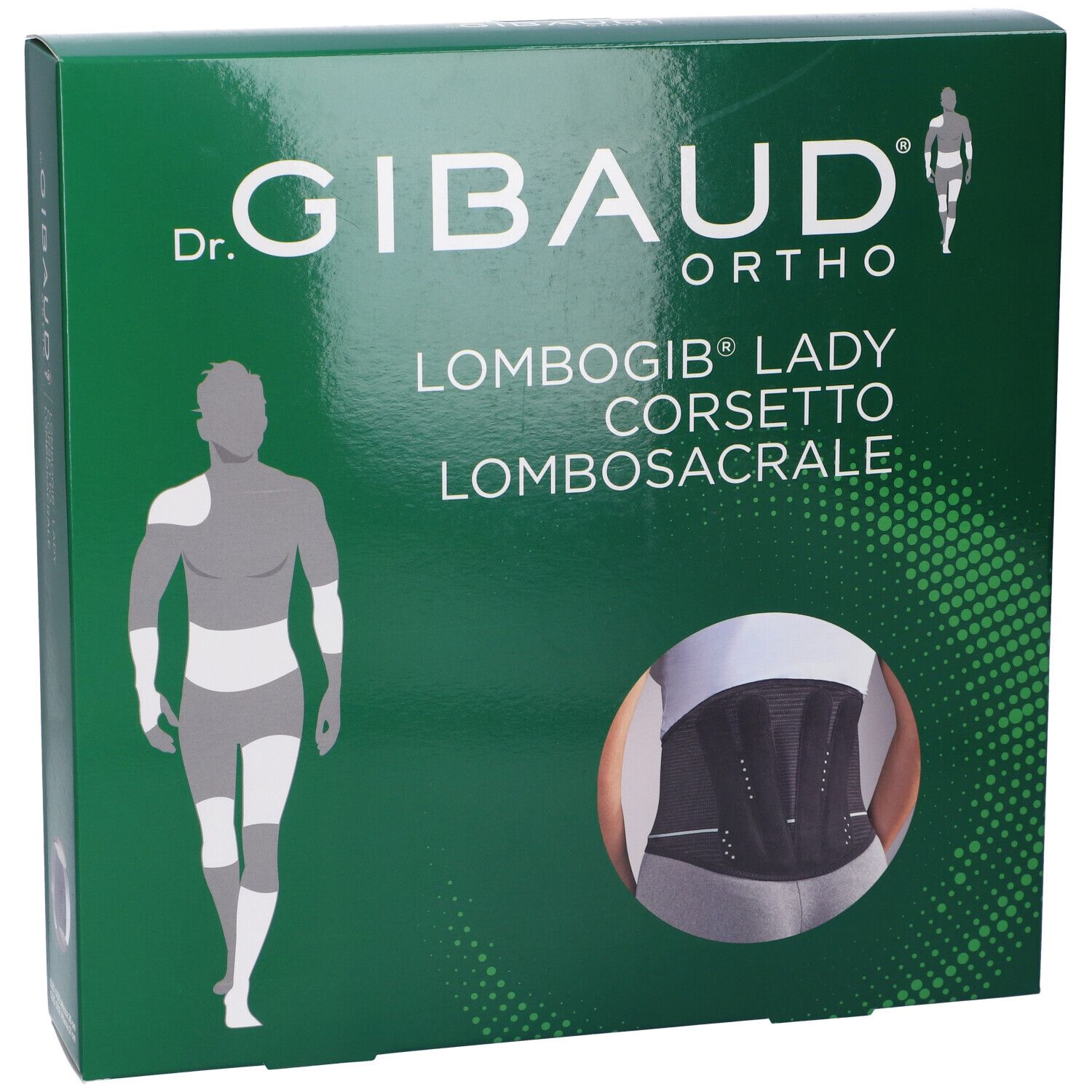 Grüne Verpackung mit Produktabbildung. Aufschrift: Dr. Gibaud Ortho, Lombogib Lady Corsetto Lombosacrale. Abbildung eines Korsetts.