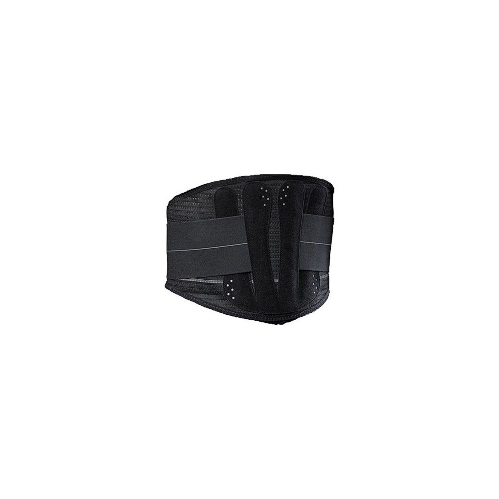 Supporto lombare nero e traspirante. Cinghie elastiche e chiusura a velcro. Materiale a rete.