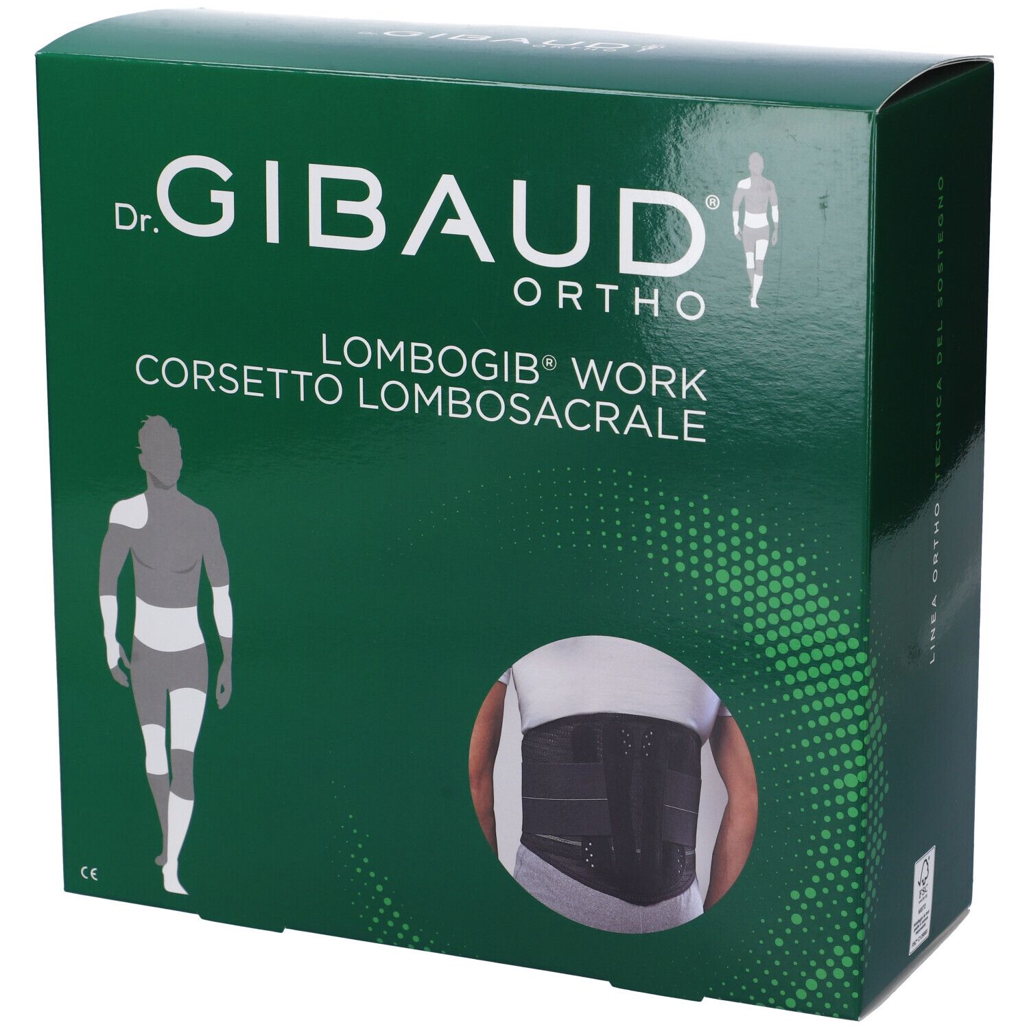 Confezione verde con immagine del prodotto. Scritta: Dr. Gibaud Ortho, Lombogib Work, Corsetto Lombosacrale.
