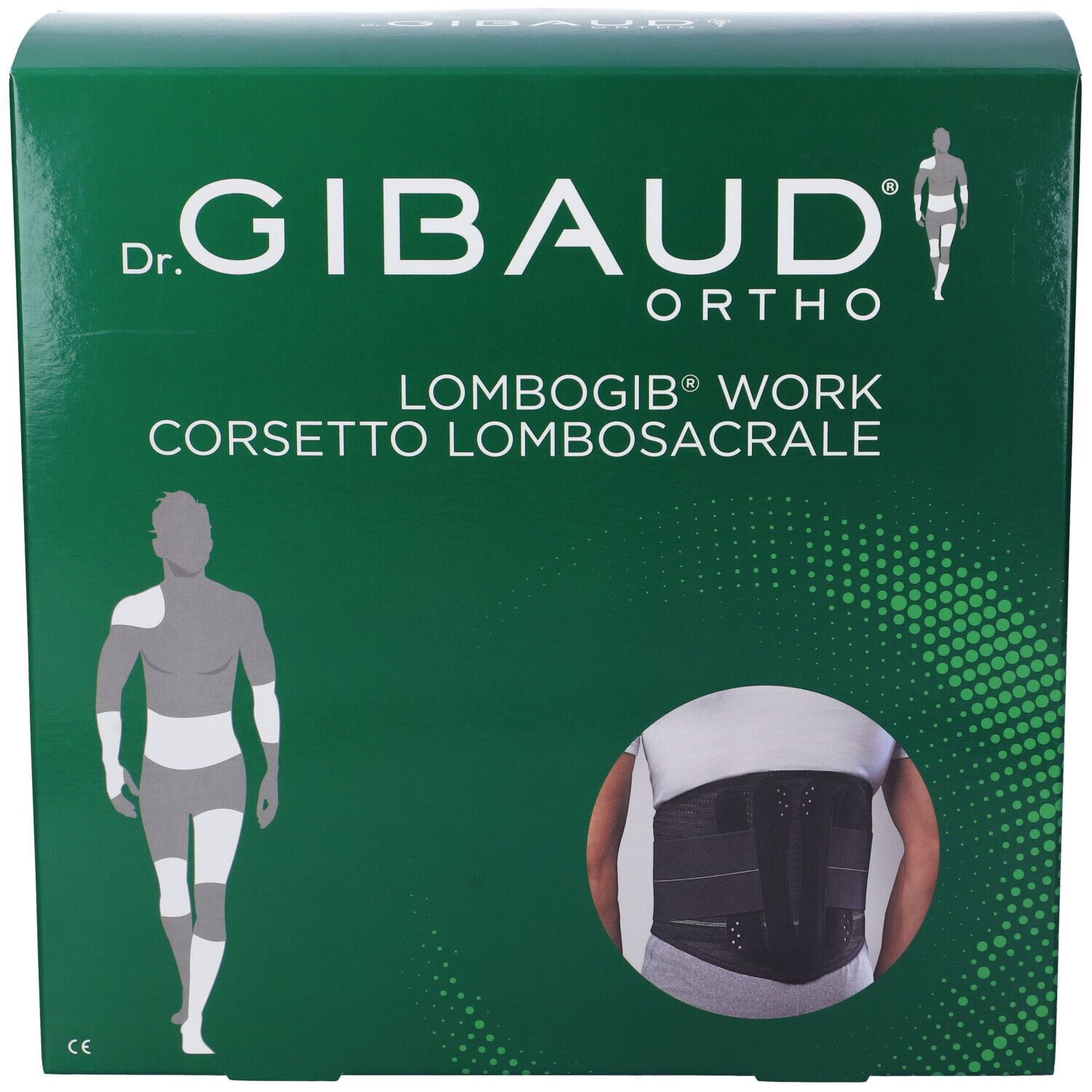 Confezione verde con immagine del prodotto. Scritta: Dr. Gibaud Ortho, Lombogib Work, Corsetto Lombosacrale.