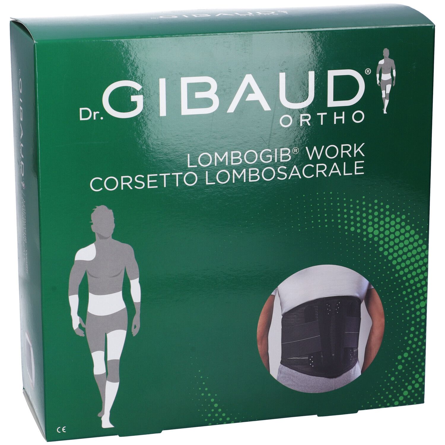 Confezione verde con immagine del prodotto. Scritta: Dr. Gibaud Ortho, Lombogib Work, Corsetto Lombosacrale.