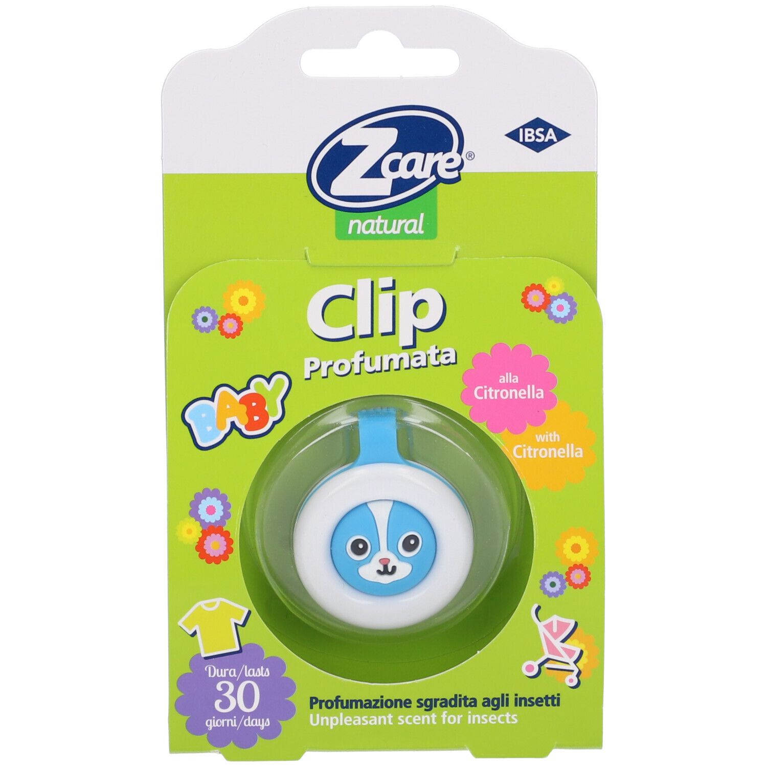 Z Care Clip, design cane blu. Profumo alla citronella. Confezione con clip.
