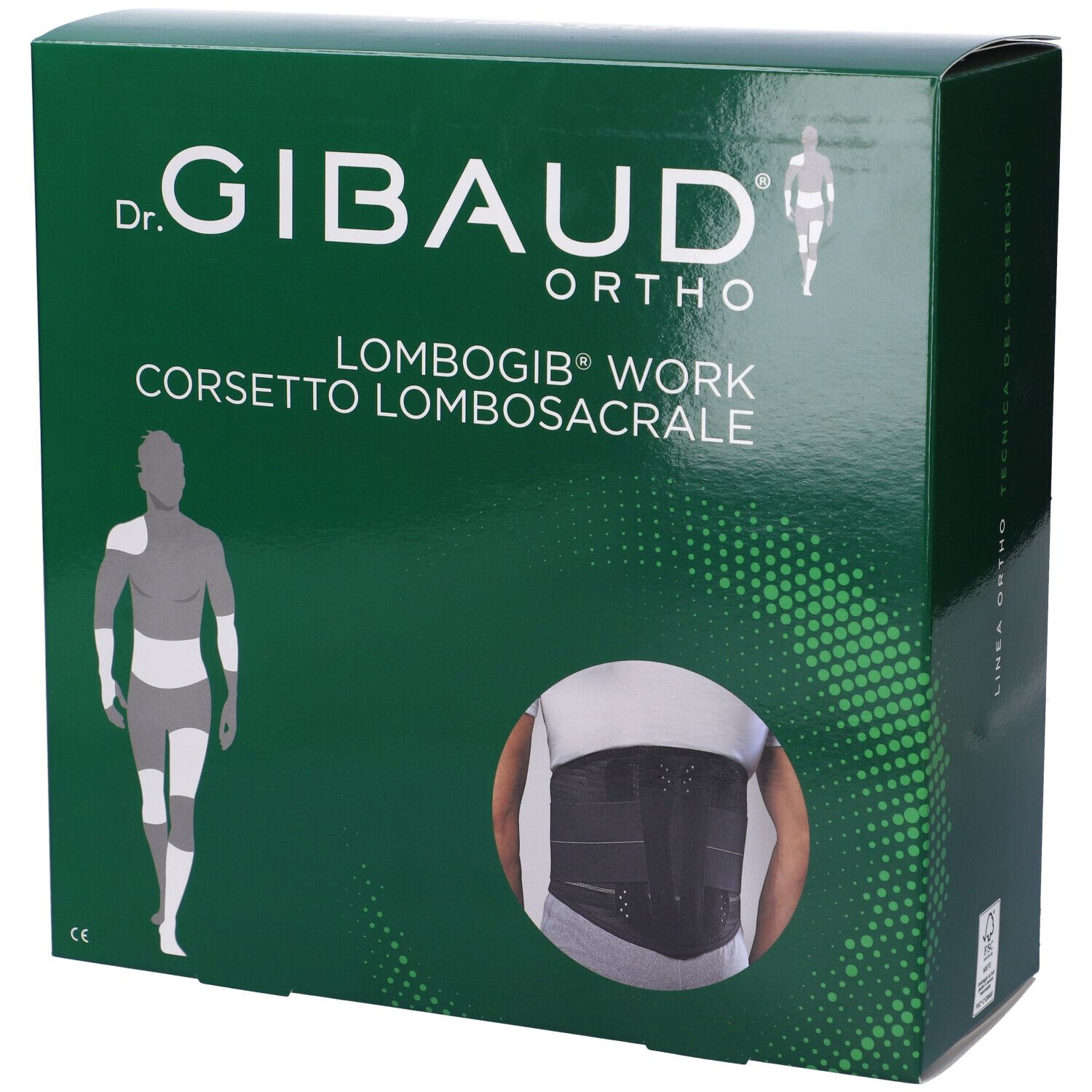 Scatola verde con immagine del prodotto e testo. Marchio: Dr. Gibaud Ortho. Prodotto: Lombogib Work Corsetto Lombosacrale.