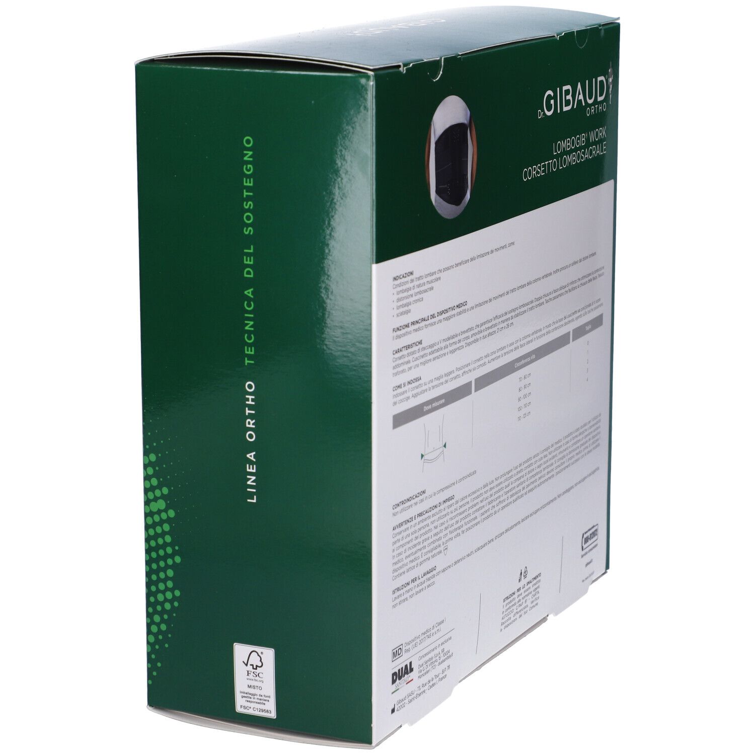 Scatola verde, vista laterale con testo. Marchio: Dr. Gibaud Ortho. Prodotto: Lombogib Work Corsetto Lombosacrale. Testo e logo.