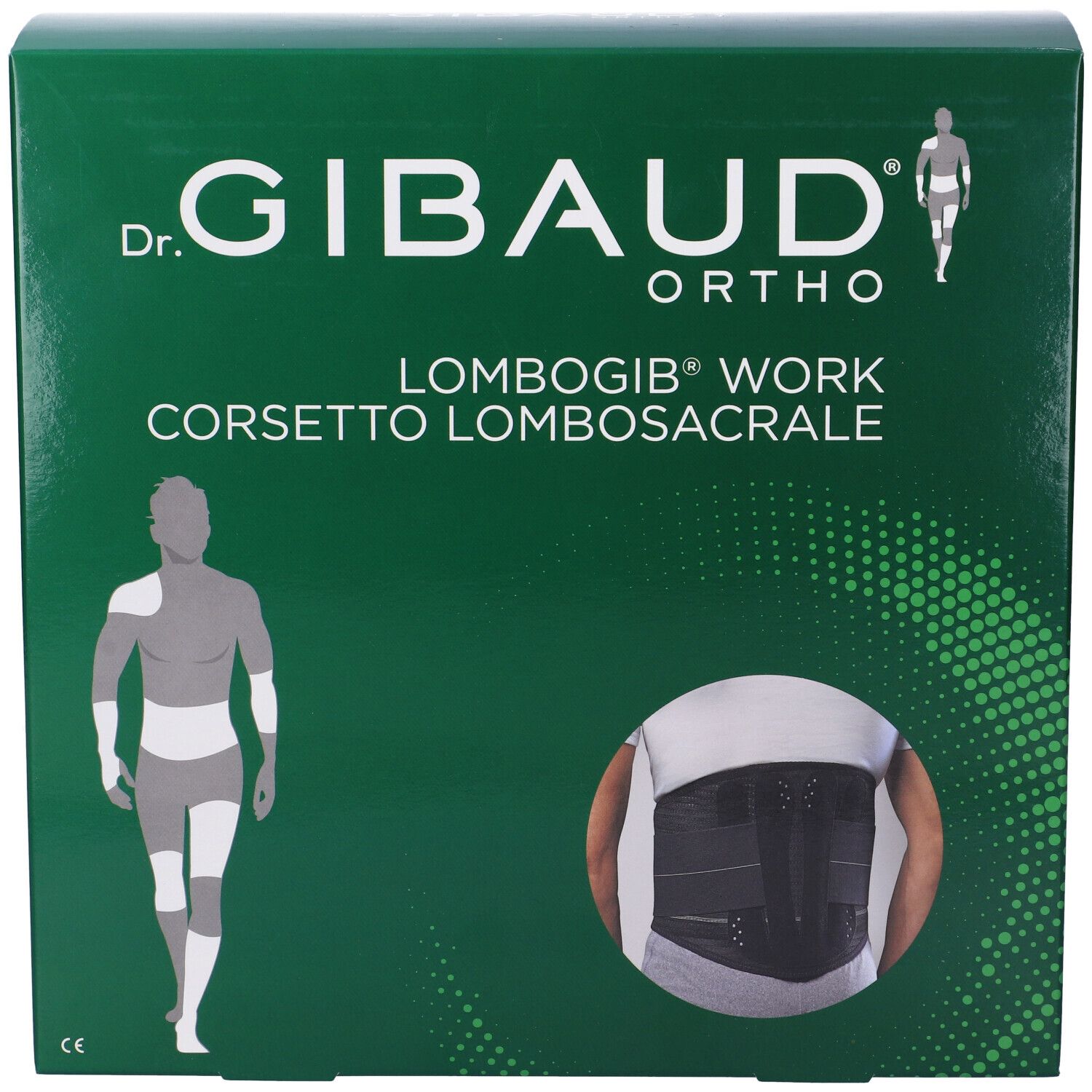 Scatola verde con immagine del prodotto e testo. Marchio: Dr. Gibaud Ortho. Prodotto: Lombogib Work Corsetto Lombosacrale.