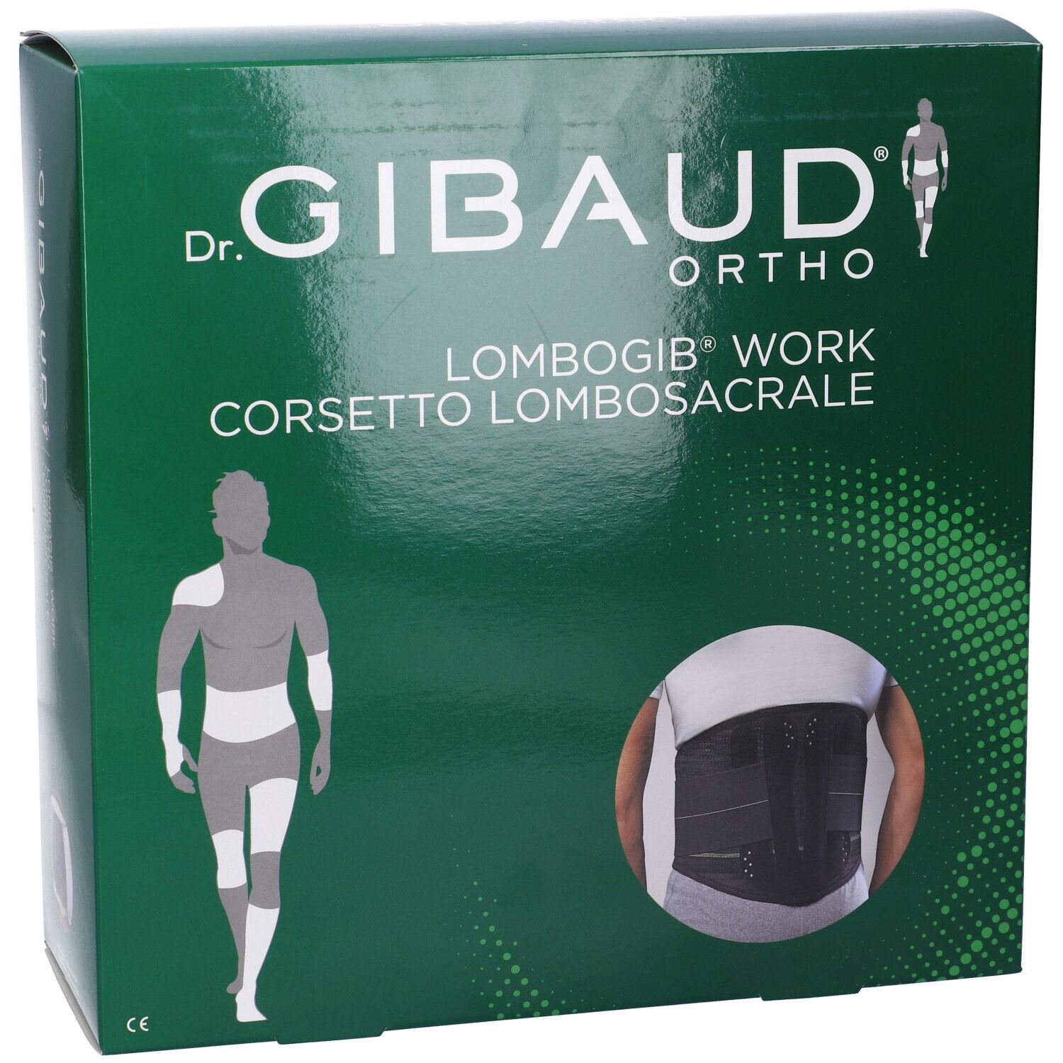 Scatola verde con immagine del prodotto e testo. Marchio: Dr. Gibaud Ortho. Prodotto: Lombogib Work Corsetto Lombosacrale.