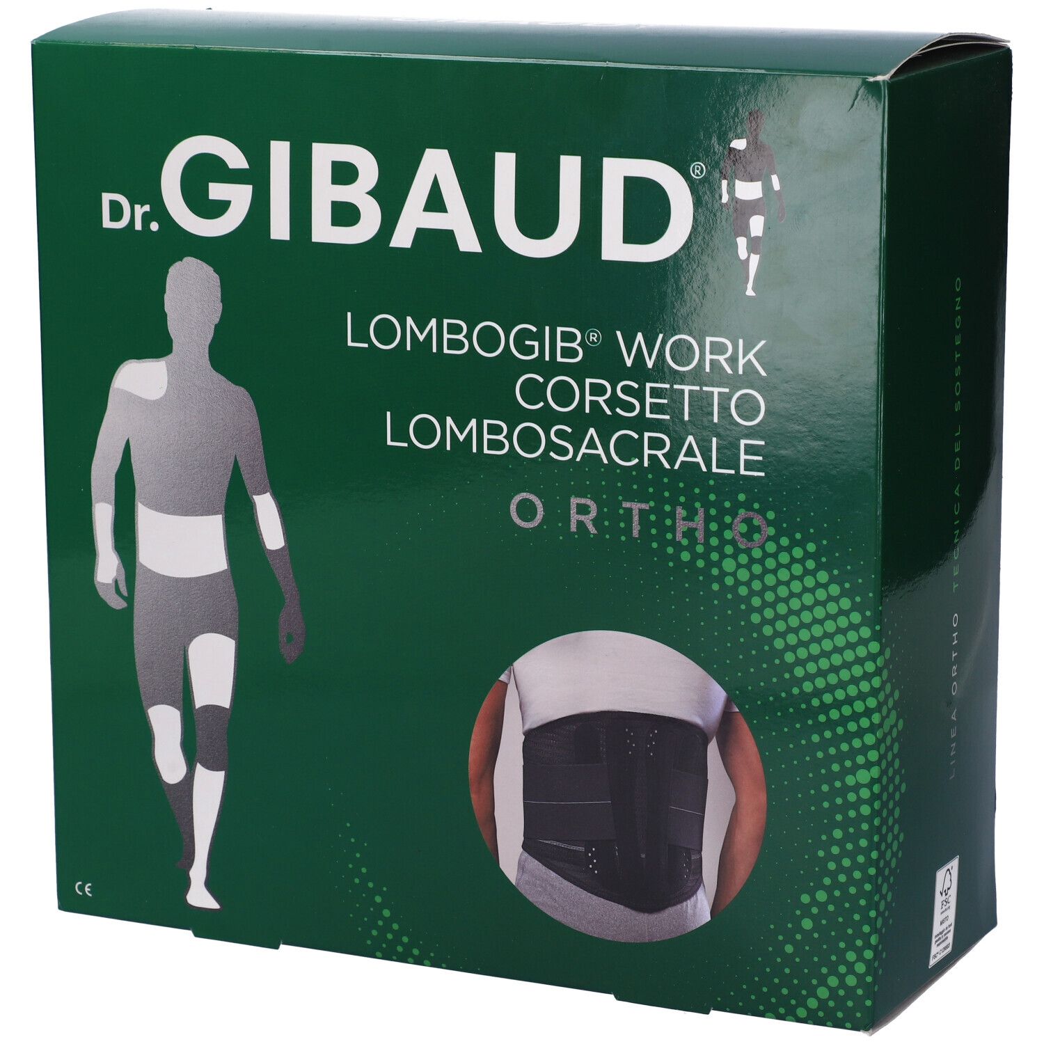 Scatola verde con immagine del prodotto. Scritto: Dr. Gibaud, Lombogib Work Corsetto Lombosacrale Ortho.