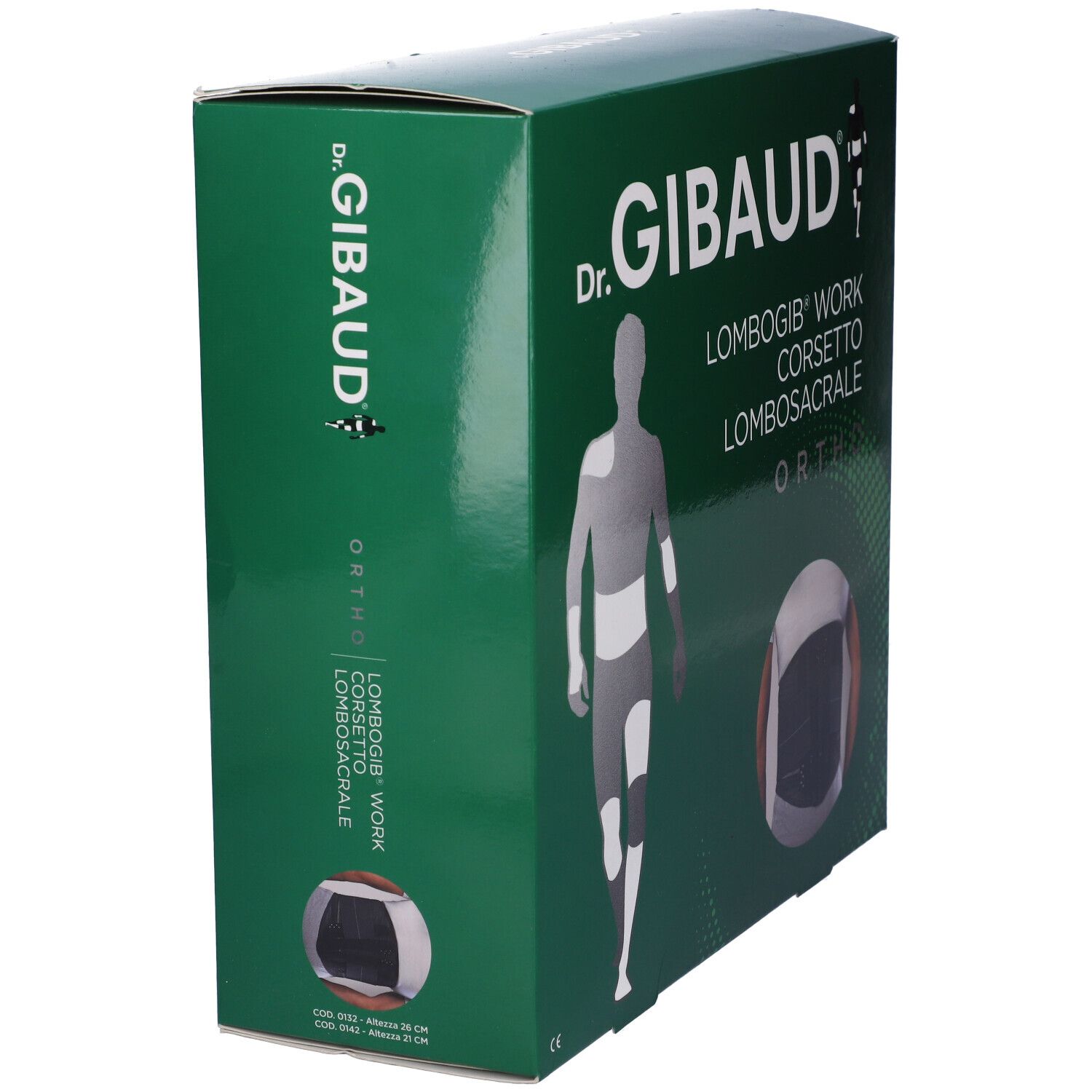 Scatola verde. Scritto: Dr. Gibaud, Lombogib Work Corsetto Lombosacrale Ortho. Immagine del prodotto.