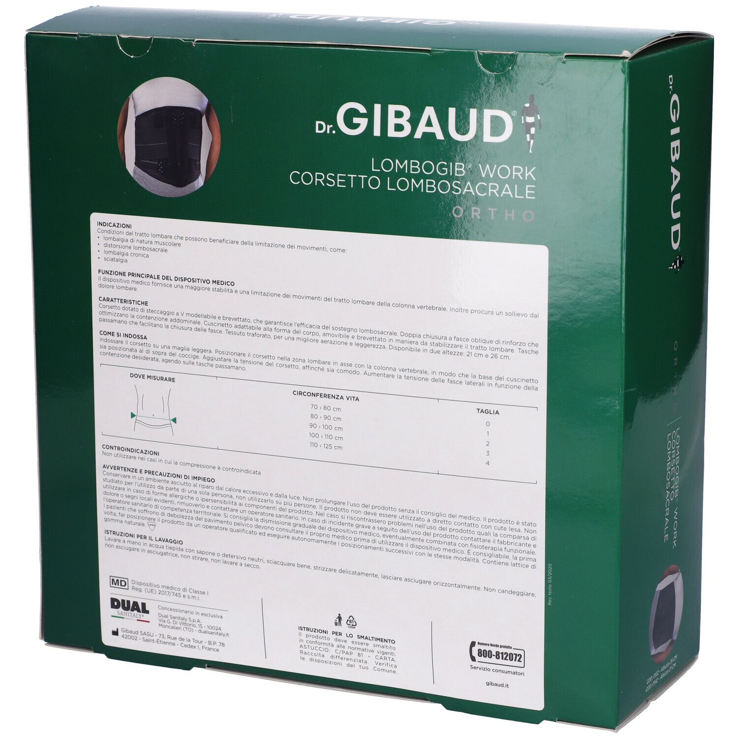 Scatola verde, retro con testo e immagine del prodotto. Scritto: Dr. Gibaud, Corsetto Lombogib Work Ortho.