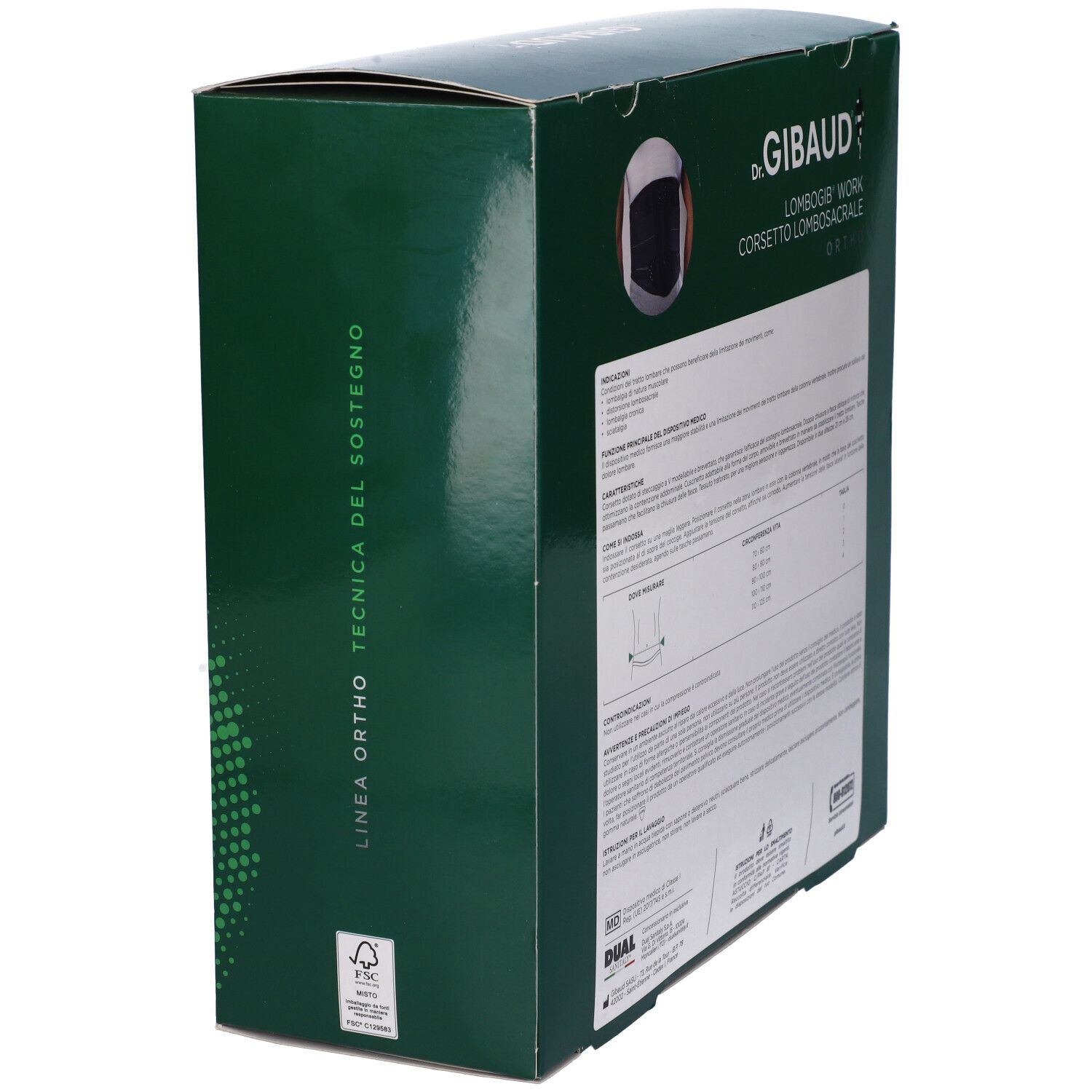 Scatola verde. Scritto: Dr. Gibaud, Lombogib Work Corsetto Lombosacrale Ortho. Testo e immagine del prodotto.