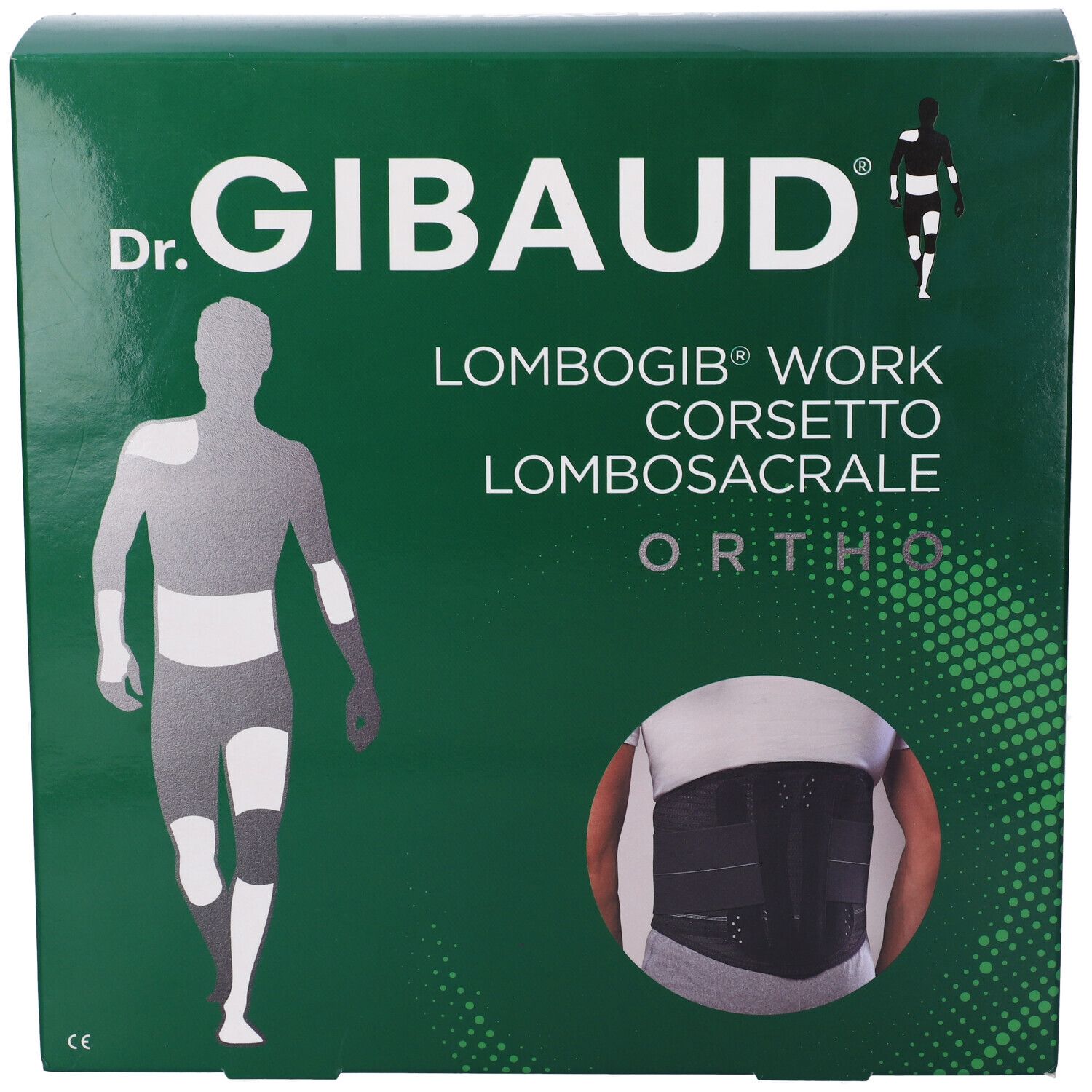Scatola verde. Scritto: Dr. Gibaud, Lombogib Work Corsetto Lombosacrale Ortho. Immagine del prodotto.