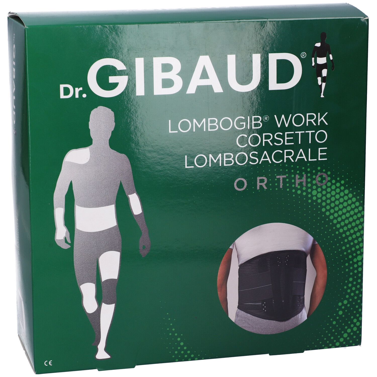 Scatola verde. Scritto: Dr. Gibaud, Lombogib Work Corsetto Lombosacrale Ortho. Immagine del prodotto.