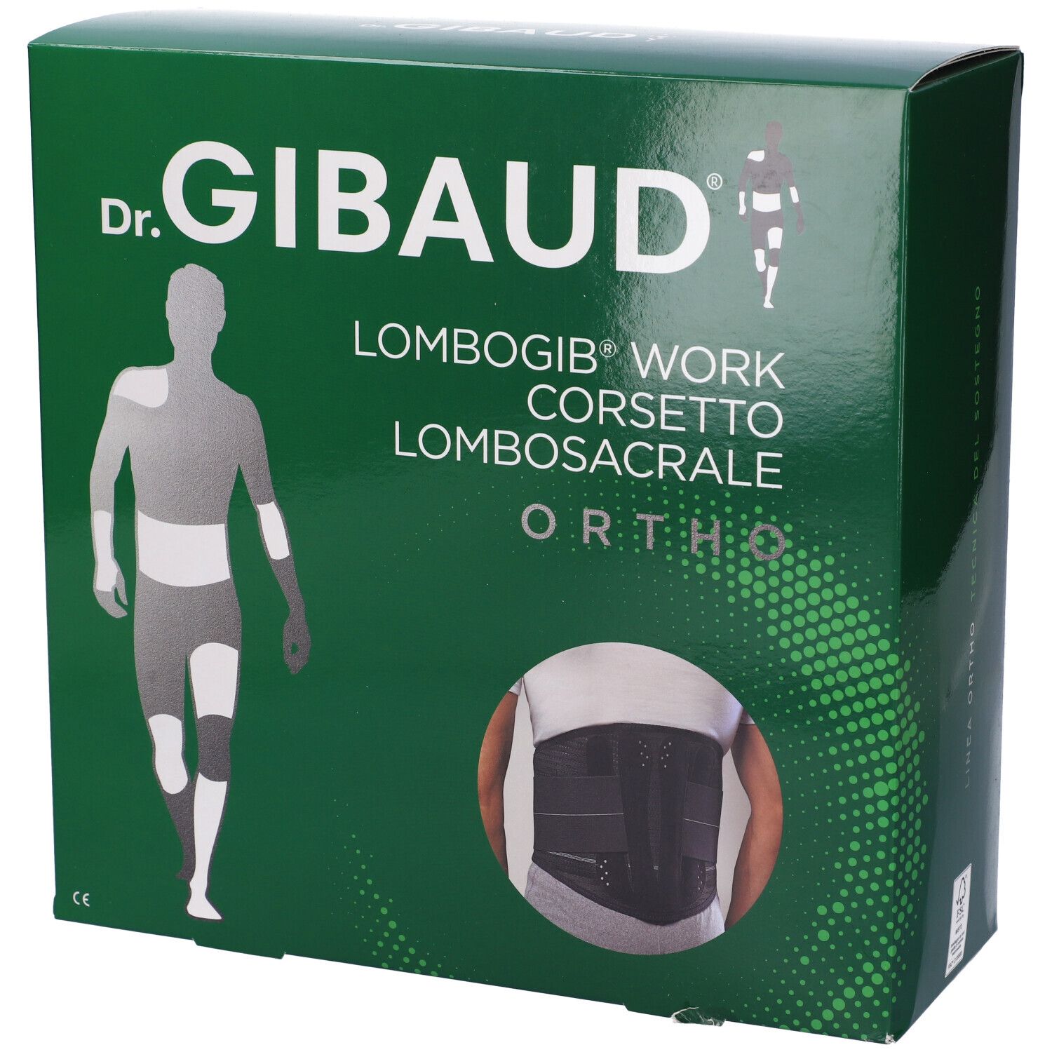 Scatola verde con immagine del prodotto. Scritta: Dr. Gibaud, Lombogib Work, Corsetto Lombosacrale, Ortho. Immagine di un corsetto.