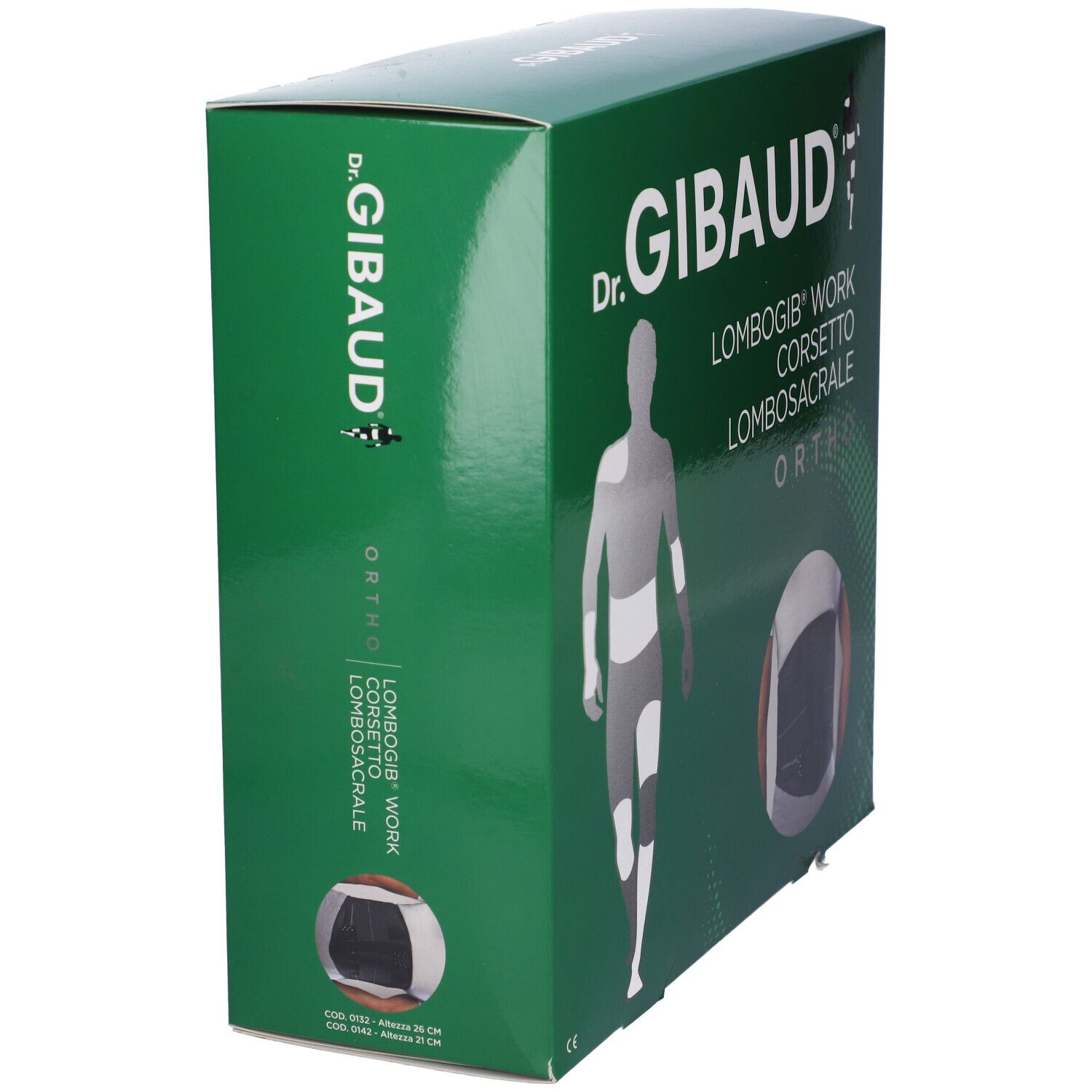 Scatola verde, vista laterale. Scritta: Dr. Gibaud, Lombogib Work, Corsetto Lombosacrale, Ortho. Immagine del prodotto e logo.