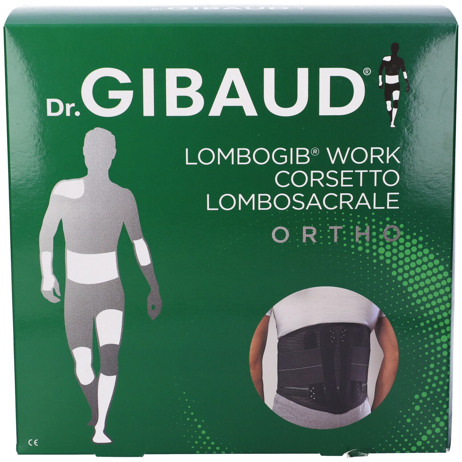 Scatola verde con immagine del prodotto. Scritta: Dr. Gibaud, Lombogib Work, Corsetto Lombosacrale, Ortho. Immagine di un corsetto.