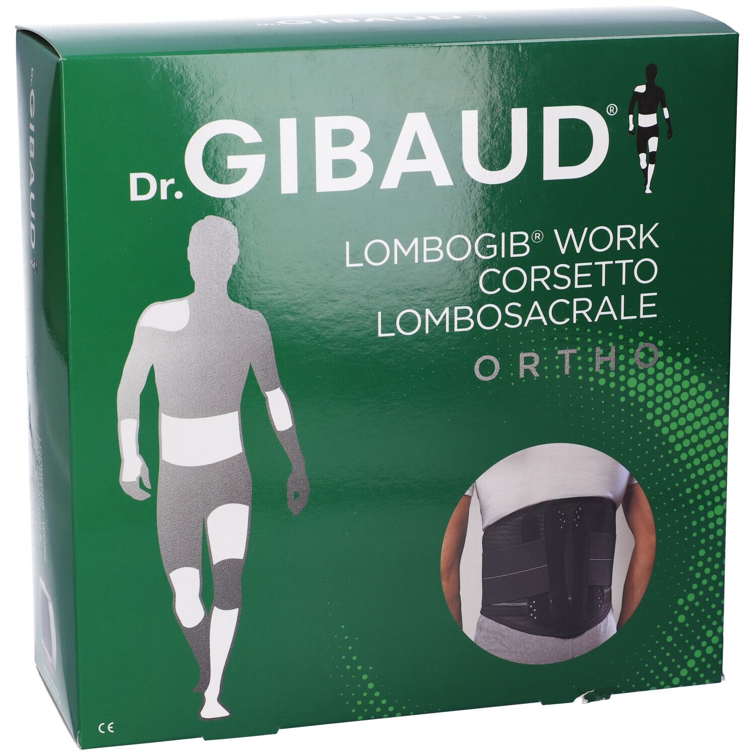 Scatola verde con immagine del prodotto. Scritta: Dr. Gibaud, Lombogib Work, Corsetto Lombosacrale, Ortho. Immagine di un corsetto.