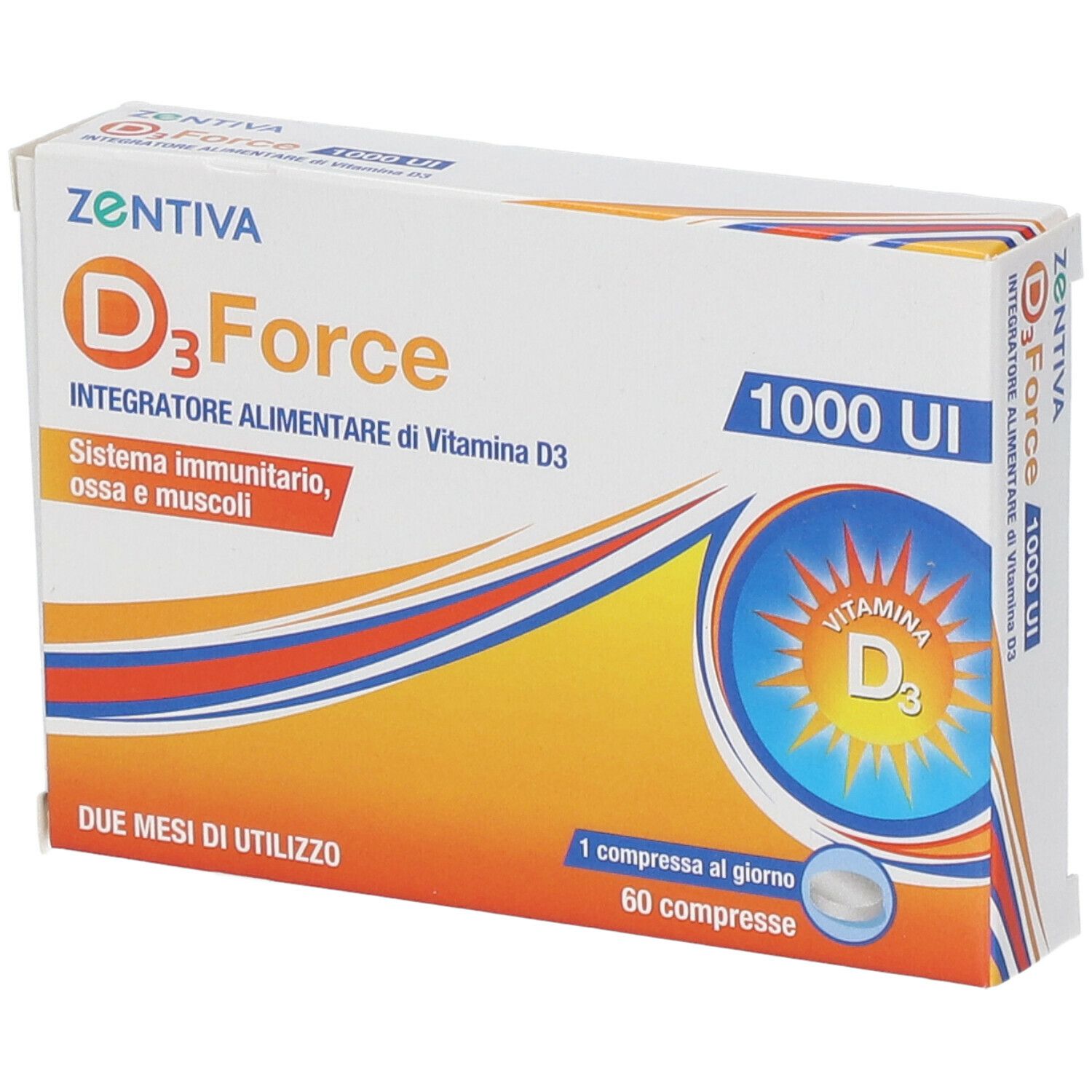 Scatola ZENTIVA D3 Force, 1000 UI, Integratore Alimentare di Vitamina D3. Due mesi di utilizzo. Compresse visibili.