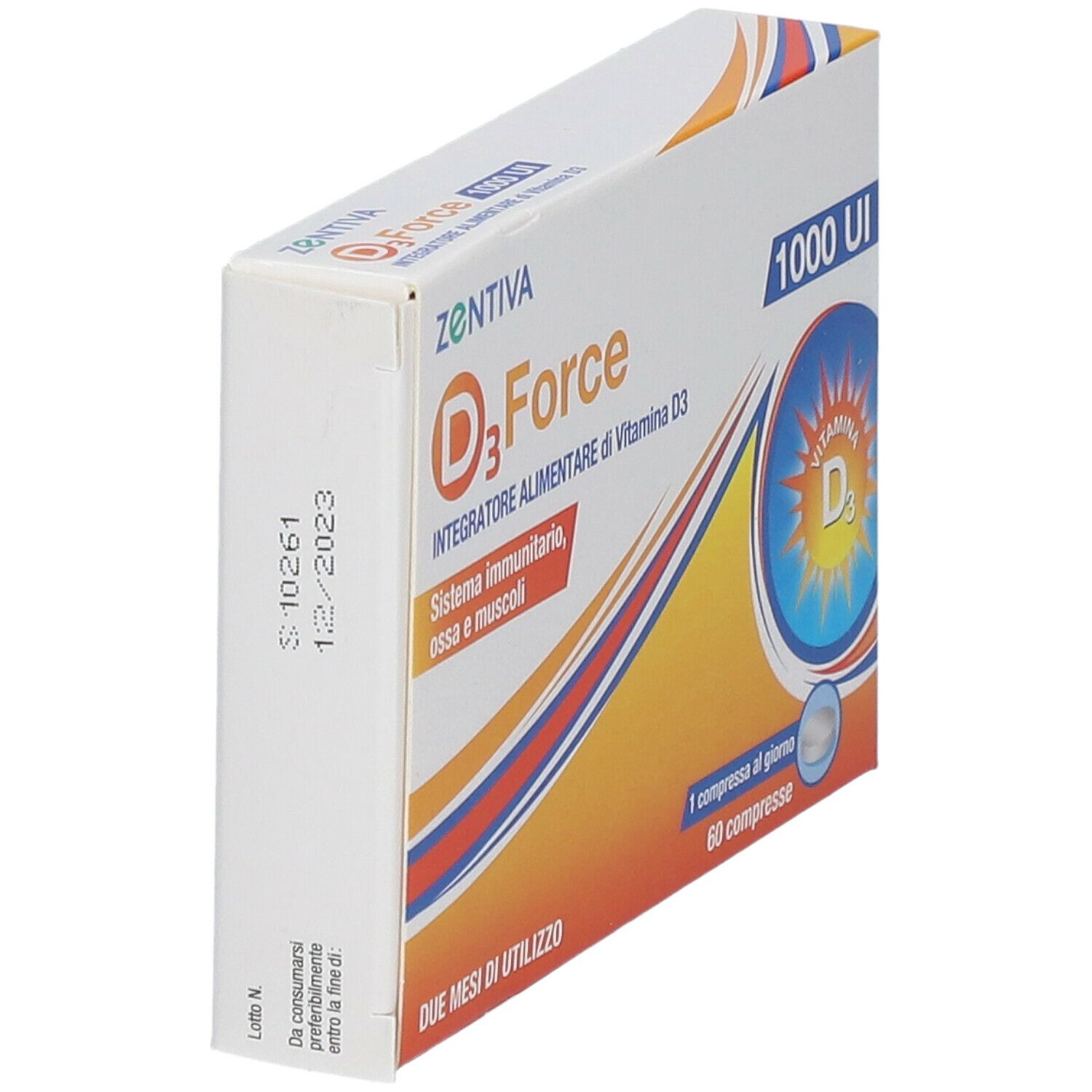 Scatola ZENTIVA D3 Force, 1000 UI, Integratore Alimentare di Vitamina D3. Due mesi di utilizzo. Compresse visibili.