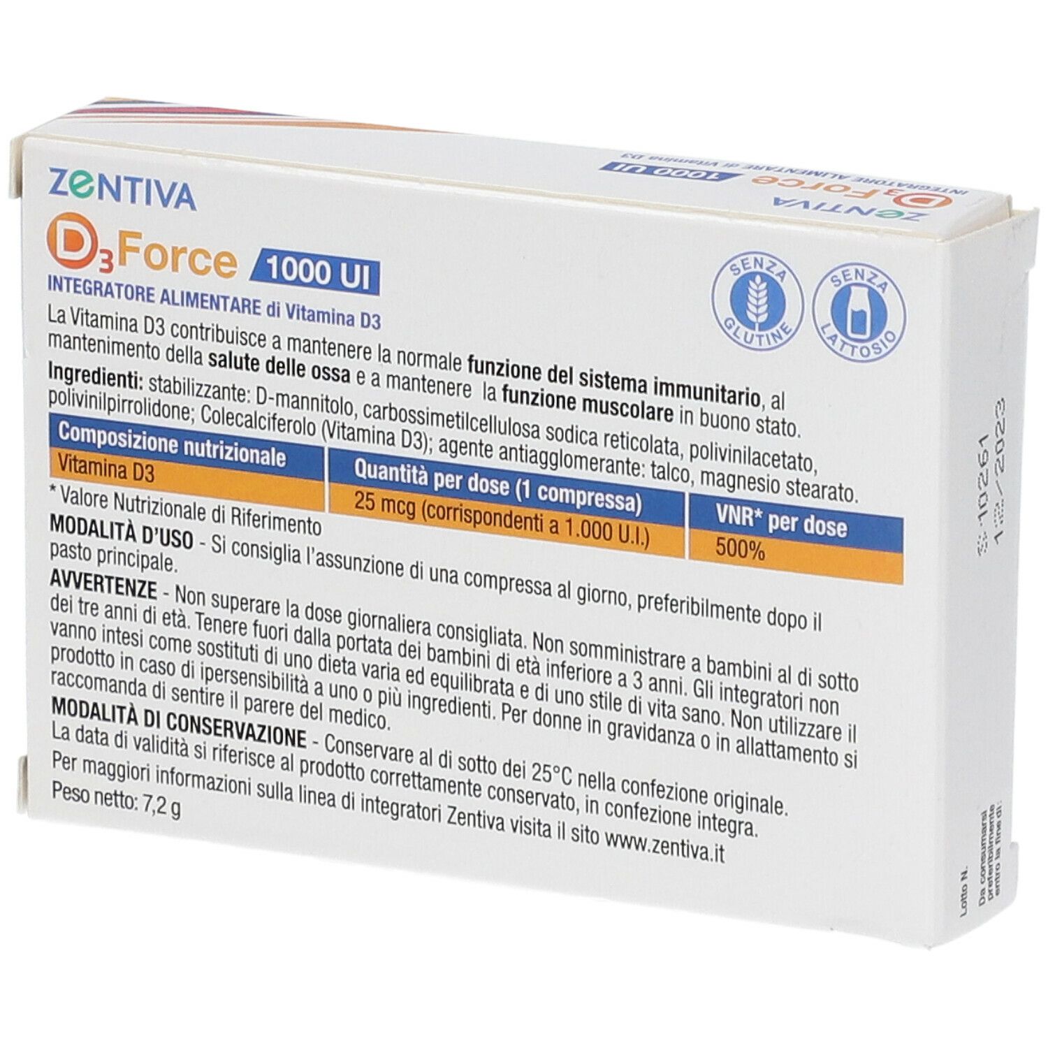 Scatola ZENTIVA D3 Force, 1000 UI, Integratore Alimentare di Vitamina D3. Retro con informazioni e certificazioni.
