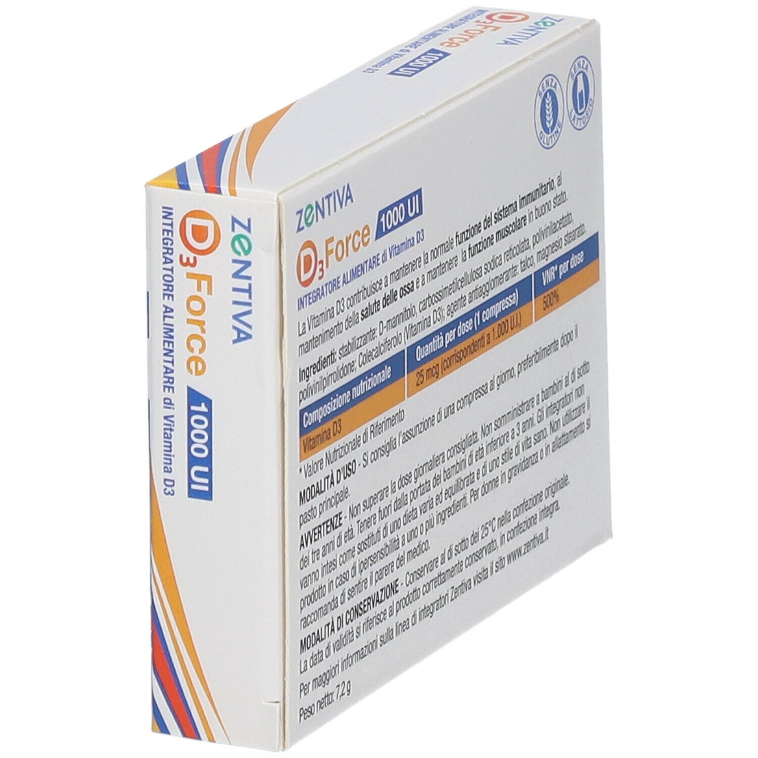Scatola ZENTIVA D3 Force, 1000 UI, Integratore Alimentare di Vitamina D3. Retro con informazioni e certificazioni.