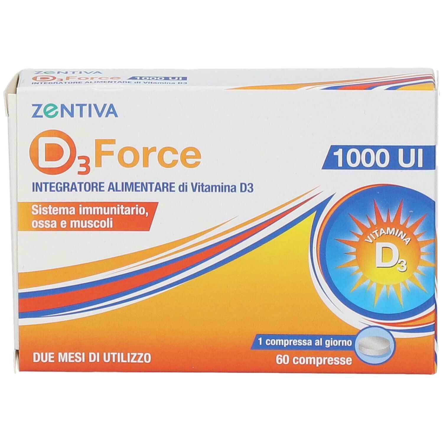 Scatola ZENTIVA D3 Force, 1000 UI, Integratore Alimentare di Vitamina D3. Due mesi di utilizzo. Compresse visibili.