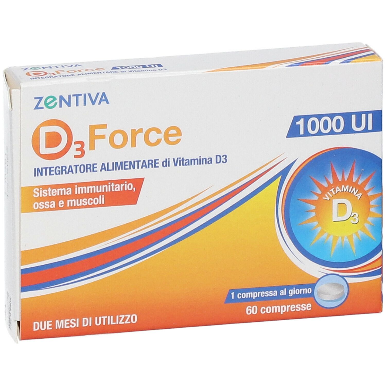 Scatola ZENTIVA D3 Force, 1000 UI, Integratore Alimentare di Vitamina D3. Due mesi di utilizzo. Compresse visibili.