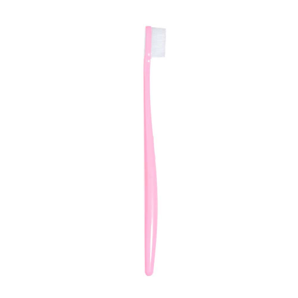 Spazzolino rosa con testina bianca. Il manico è sottile e arrotondato.