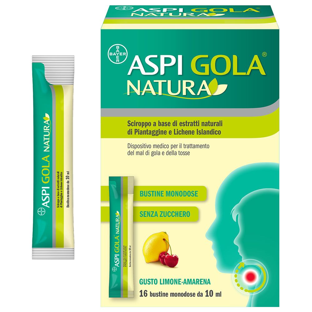 Aspi Gola Natura. Bustina singola e confezione. Gusto limone-amarena. Senza zucchero.