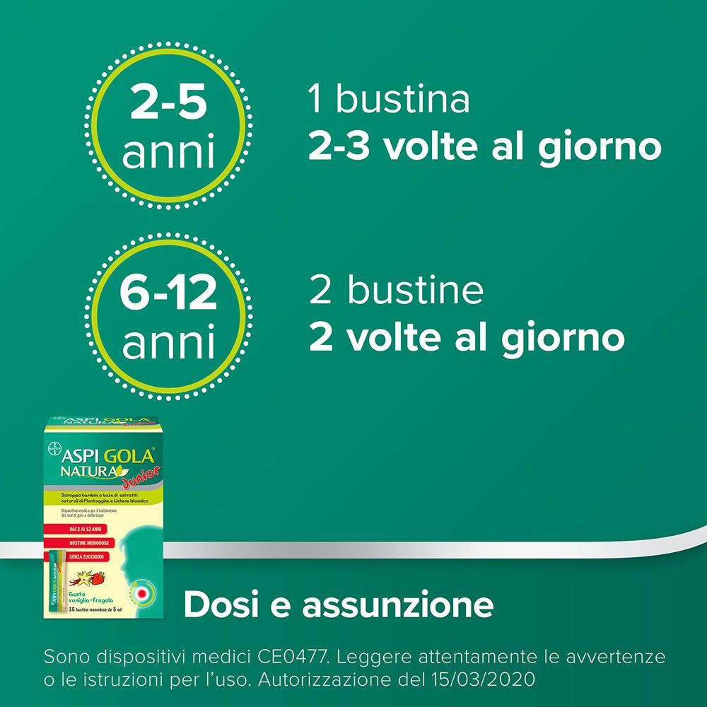 Aspi Gola Natura Junior. Istruzioni per il dosaggio. Per bambini da 2 a 12 anni. 1-2 bustine al giorno.