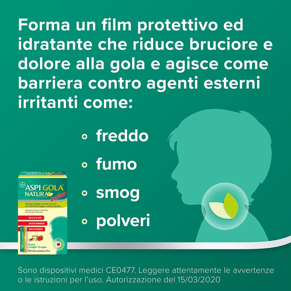 Aspi Gola Natura Junior. Testo: Forma un film protettivo che riduce irritazione e dolore. Contro freddo, fumo, smog, polveri.