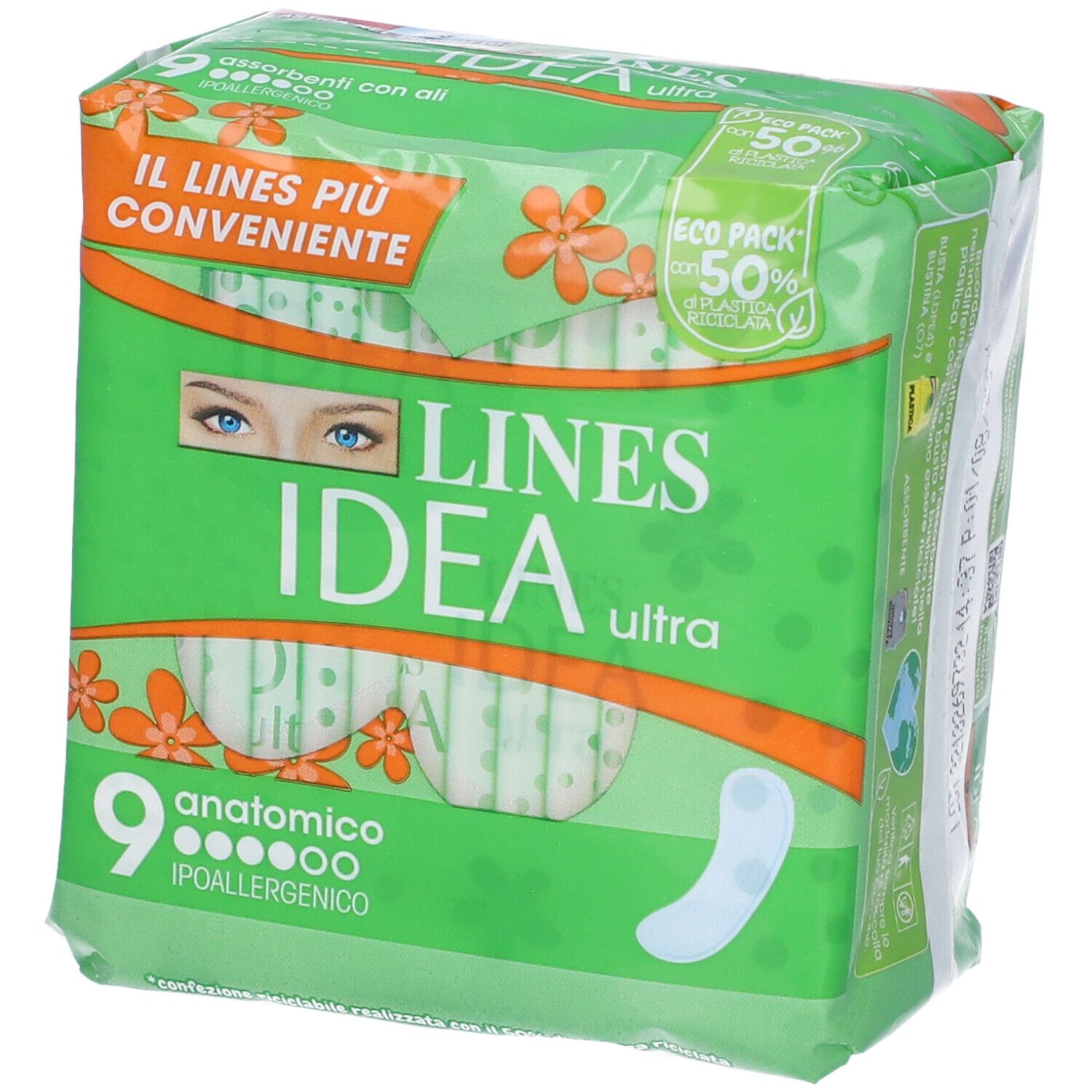 Confezione di Lines Idea Ultra Assorbenti. Verde, con immagine prodotto e testo. 9 assorbenti anatomici ipoallergenici.