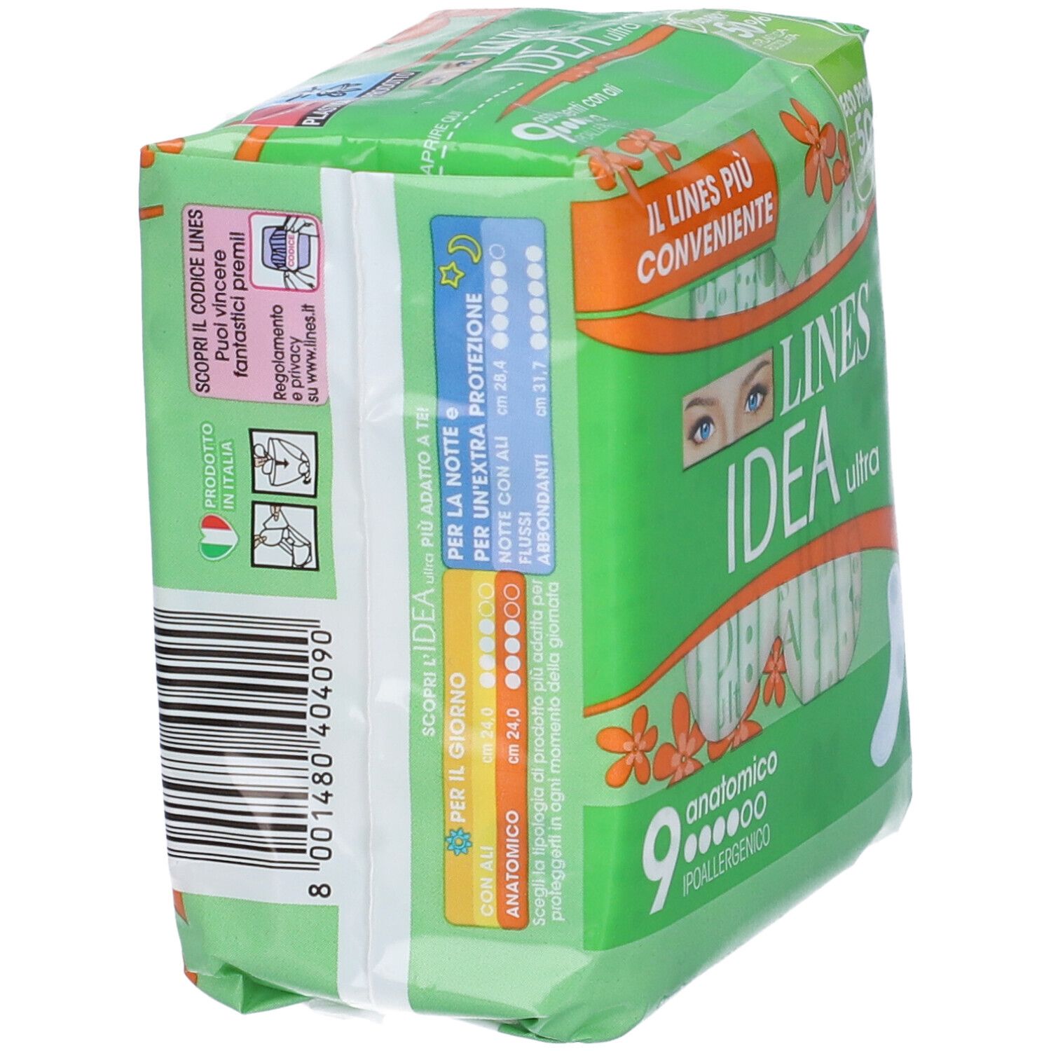 Confezione di Lines Idea Ultra Assorbenti. Verde, con testo e codice a barre. Contiene 9 assorbenti anatomici ipoallergenici.