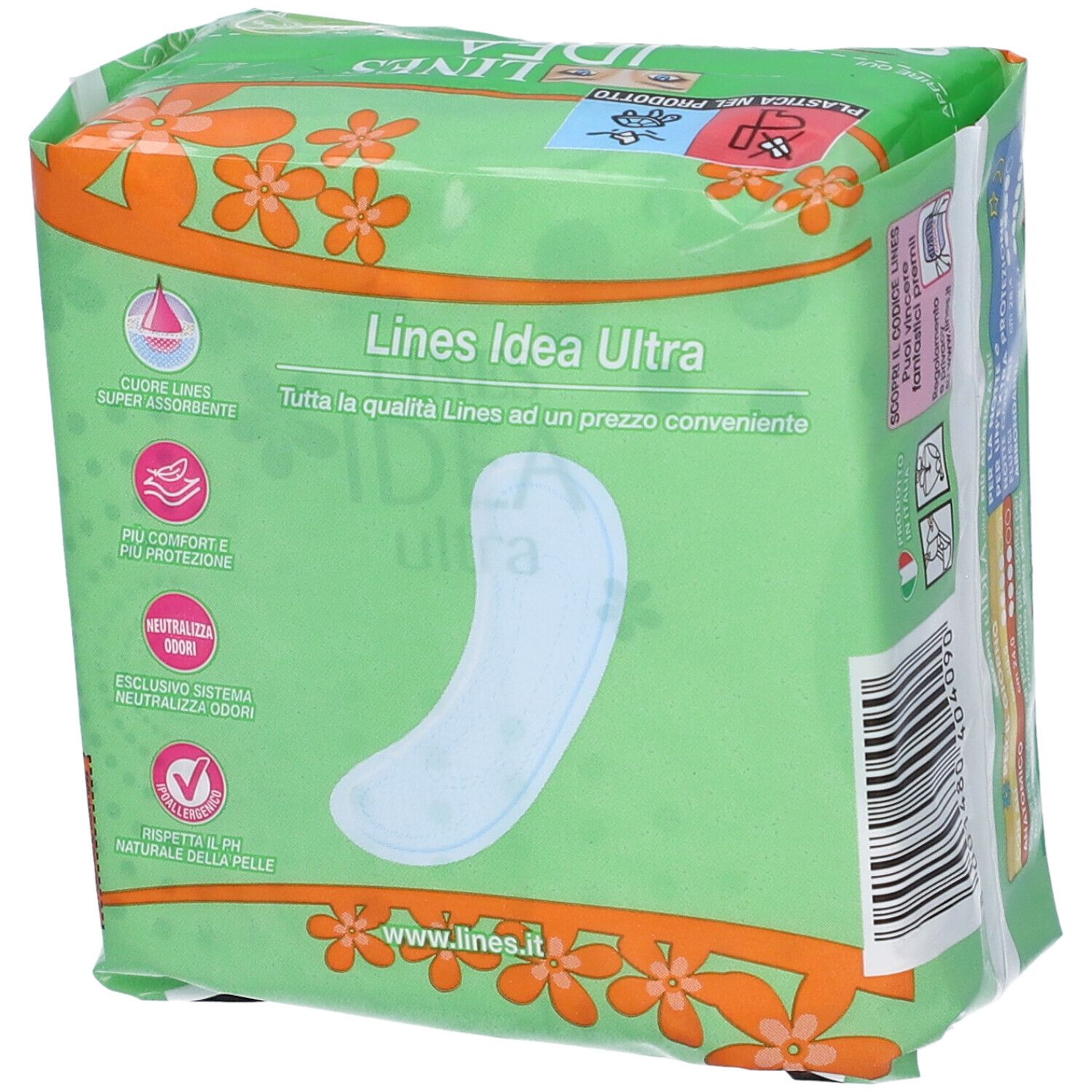 Confezione di Lines Idea Ultra Assorbenti. Verde, con immagine prodotto e testo. Contiene 9 assorbenti anatomici ipoallergenici.