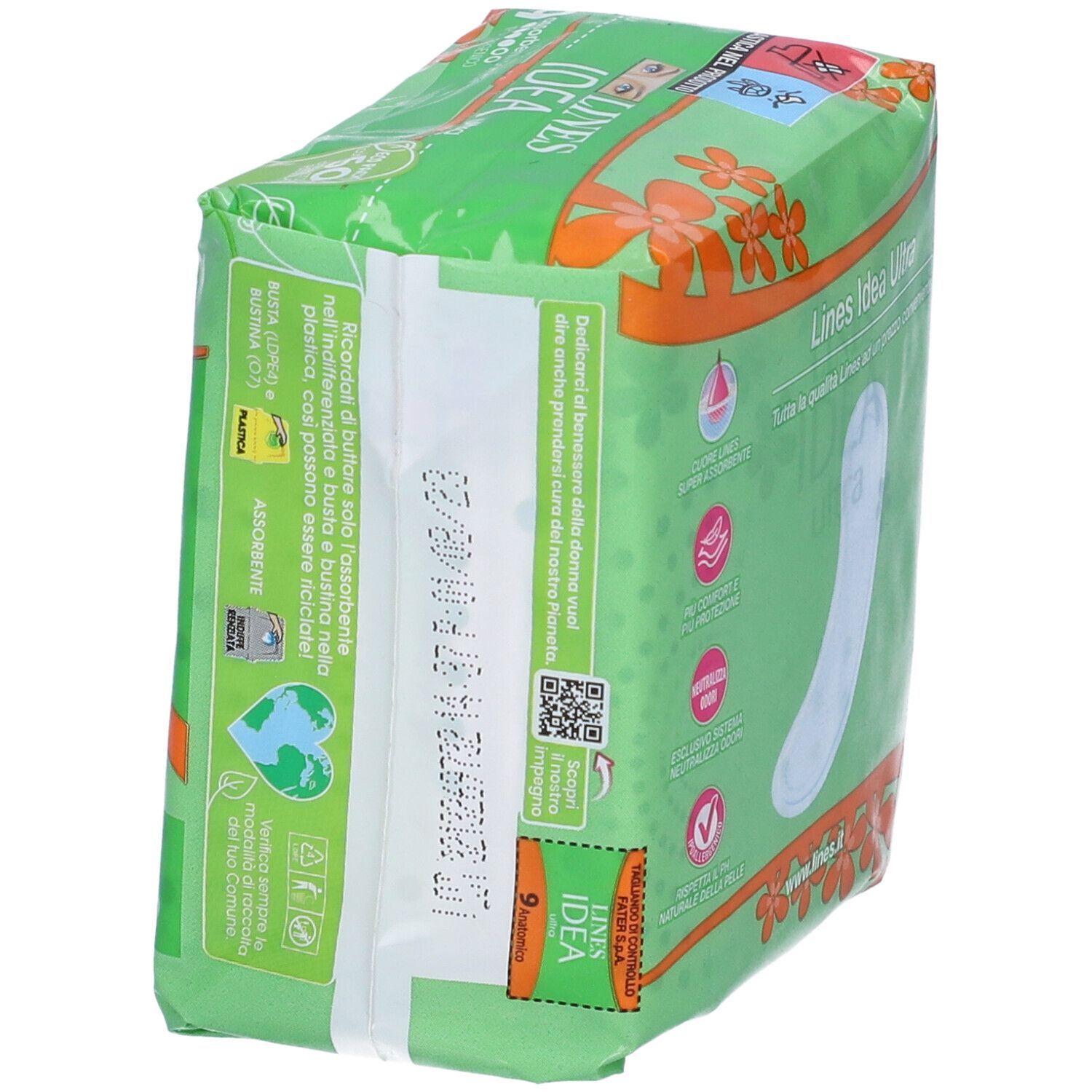 Confezione di Lines Idea Ultra Assorbenti. Verde, con testo e codice QR. Contiene 9 assorbenti anatomici ipoallergenici.