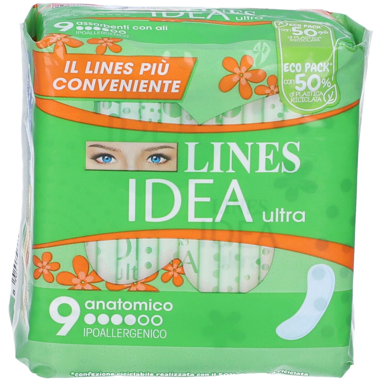 Confezione di Lines Idea Ultra Assorbenti. Verde, con immagine prodotto e testo. 9 assorbenti anatomici ipoallergenici.