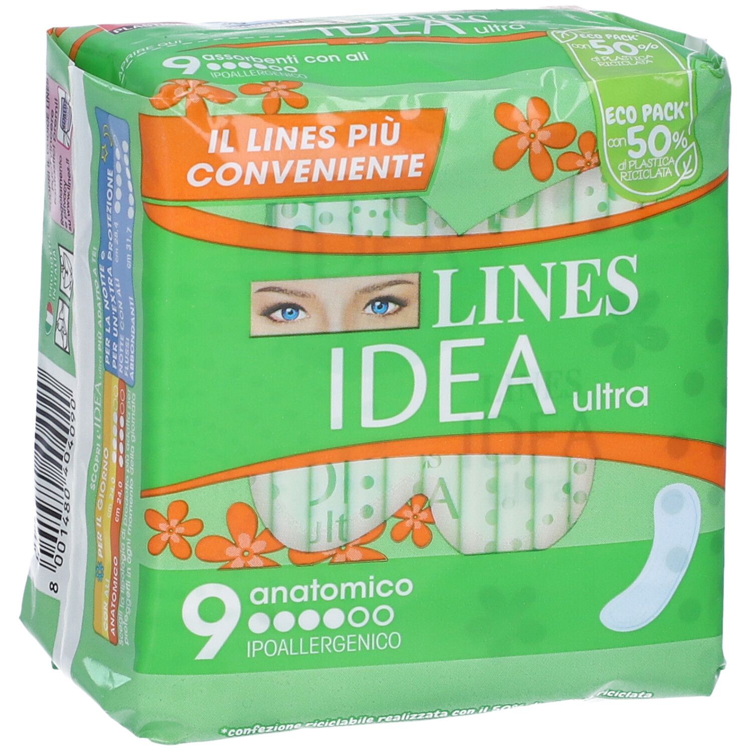 Confezione di Lines Idea Ultra Assorbenti. Verde, con immagine prodotto e testo. 9 assorbenti anatomici ipoallergenici.