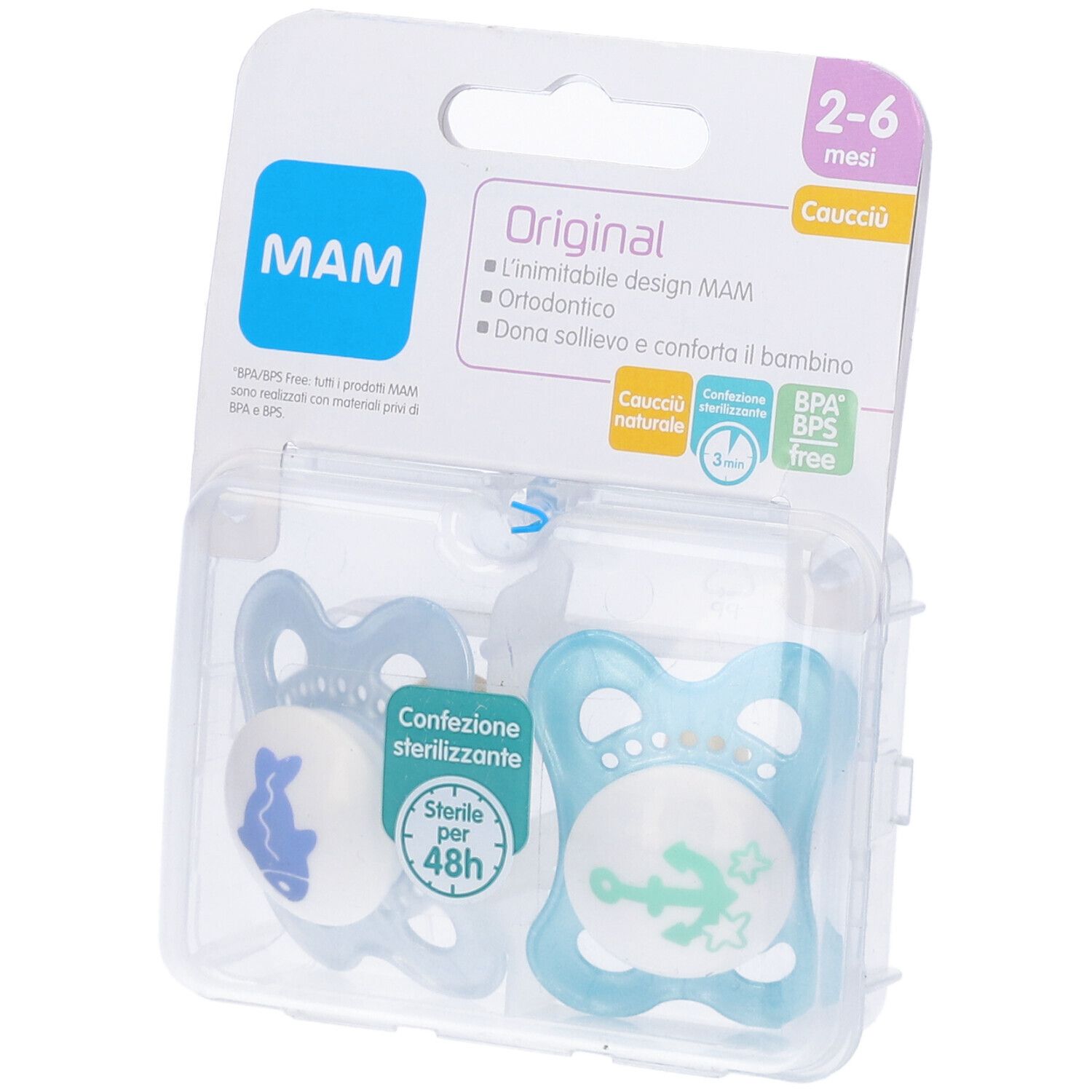 Confezione doppia di succhietti MAM Original 2-6 mesi, blu. Confezione con due succhietti, confezione in plastica trasparente.