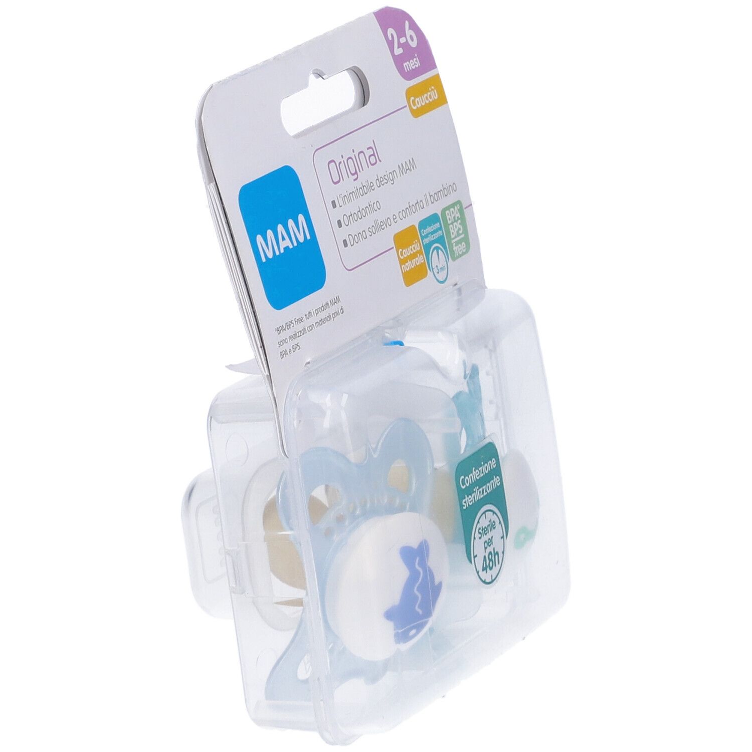 Confezione doppia di succhietti MAM Original 2-6 mesi, blu. Confezione con due succhietti, confezione in plastica trasparente.