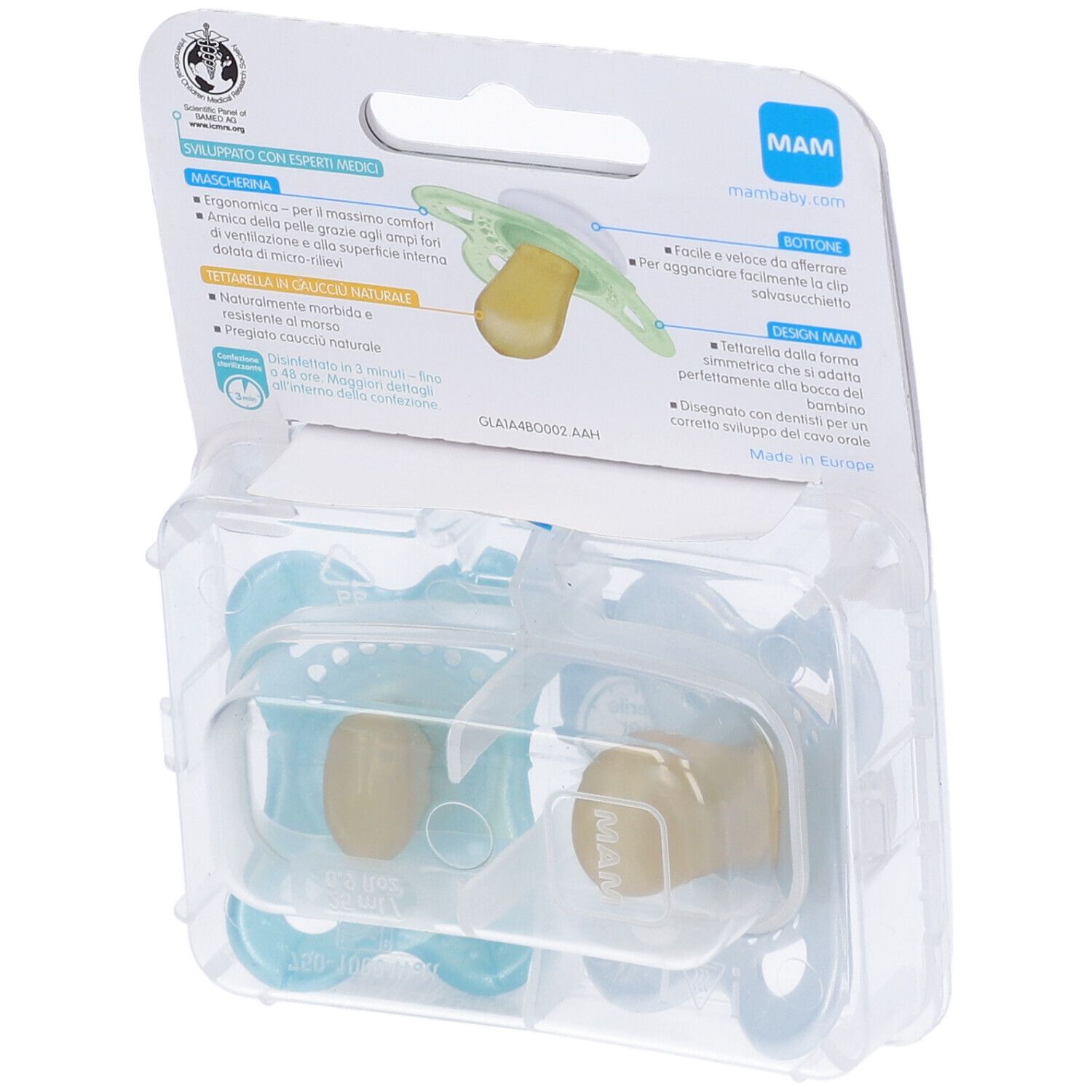 Retro della confezione dei succhietti MAM Original. Due succhietti in confezione trasparente. Informazioni su materiali e certificazioni.