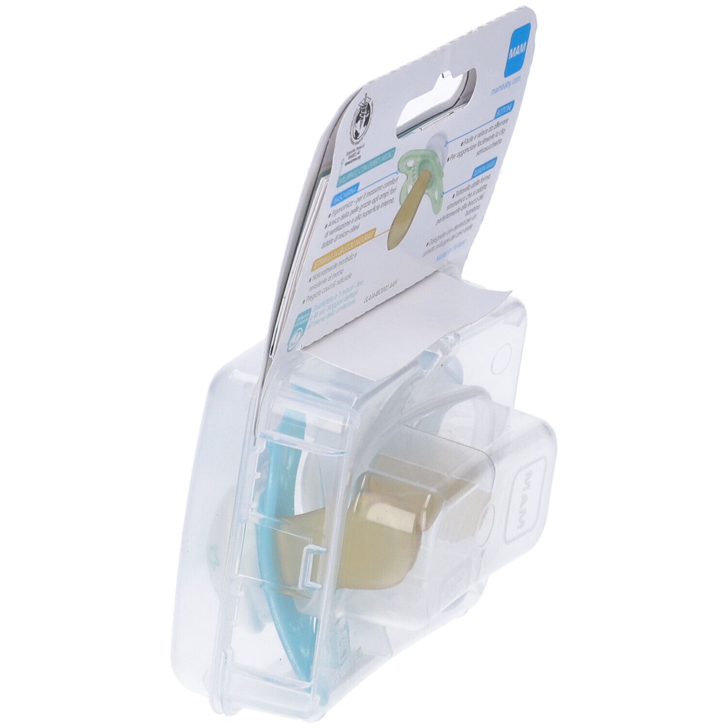 Succhietto MAM Original nella confezione. Vista posteriore. Confezione trasparente con informazioni e certificazioni.