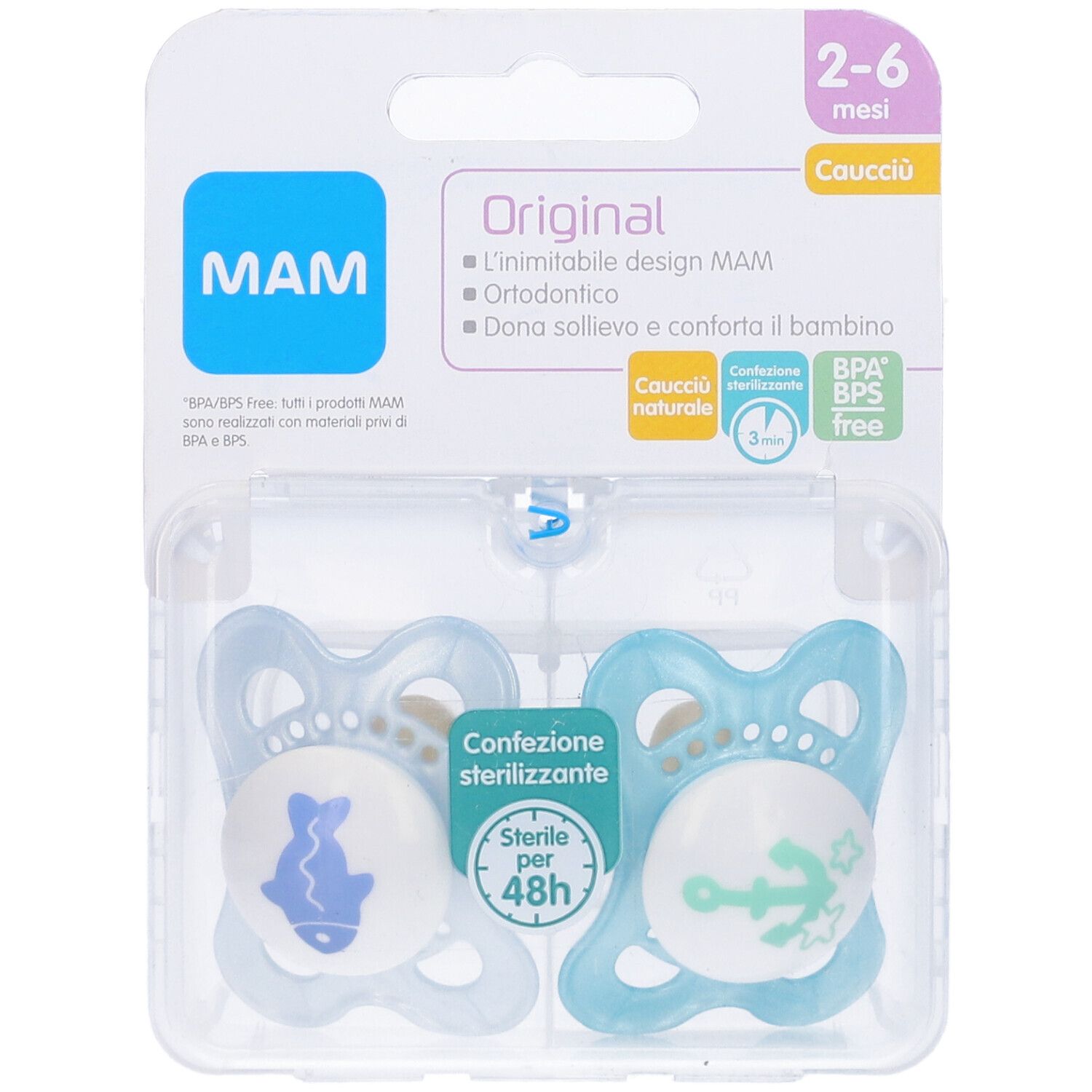 Confezione doppia di succhietti MAM Original 2-6 mesi, blu. Confezione con due succhietti, confezione in plastica trasparente.