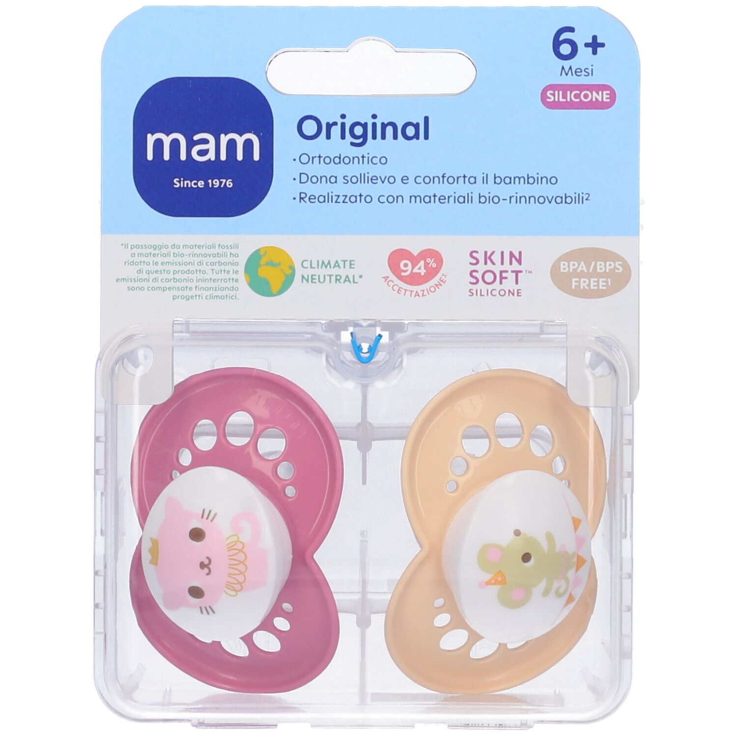 Due succhietti MAM Original 6+ in confezione blister. Tettarelle rosa e arancioni con disegni di animali.