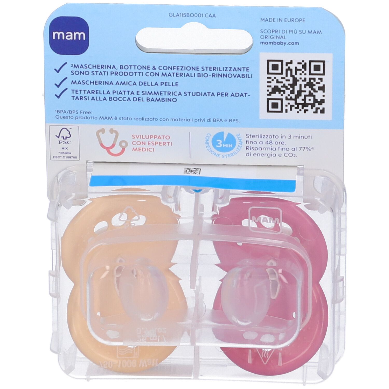 Retro della confezione blister con due succhietti. Marchio MAM. Testo, codice QR, loghi e certificazioni.
