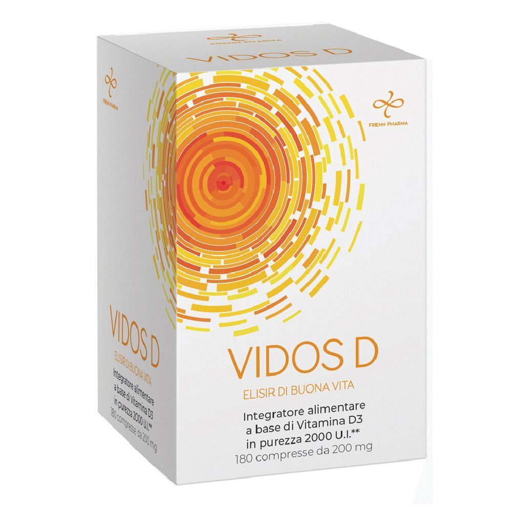 Confezione Vidos D. Scatola bianca con nome del prodotto e motivo solare. Contiene 180 compresse.