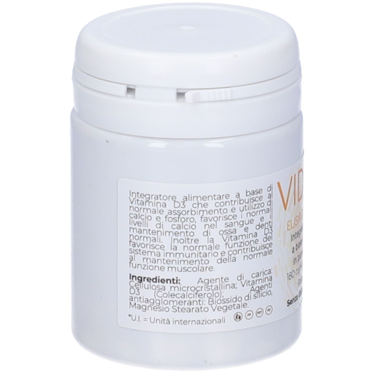 Flacone bianco Vidos D. Retro con informazioni sul prodotto e ingredienti.