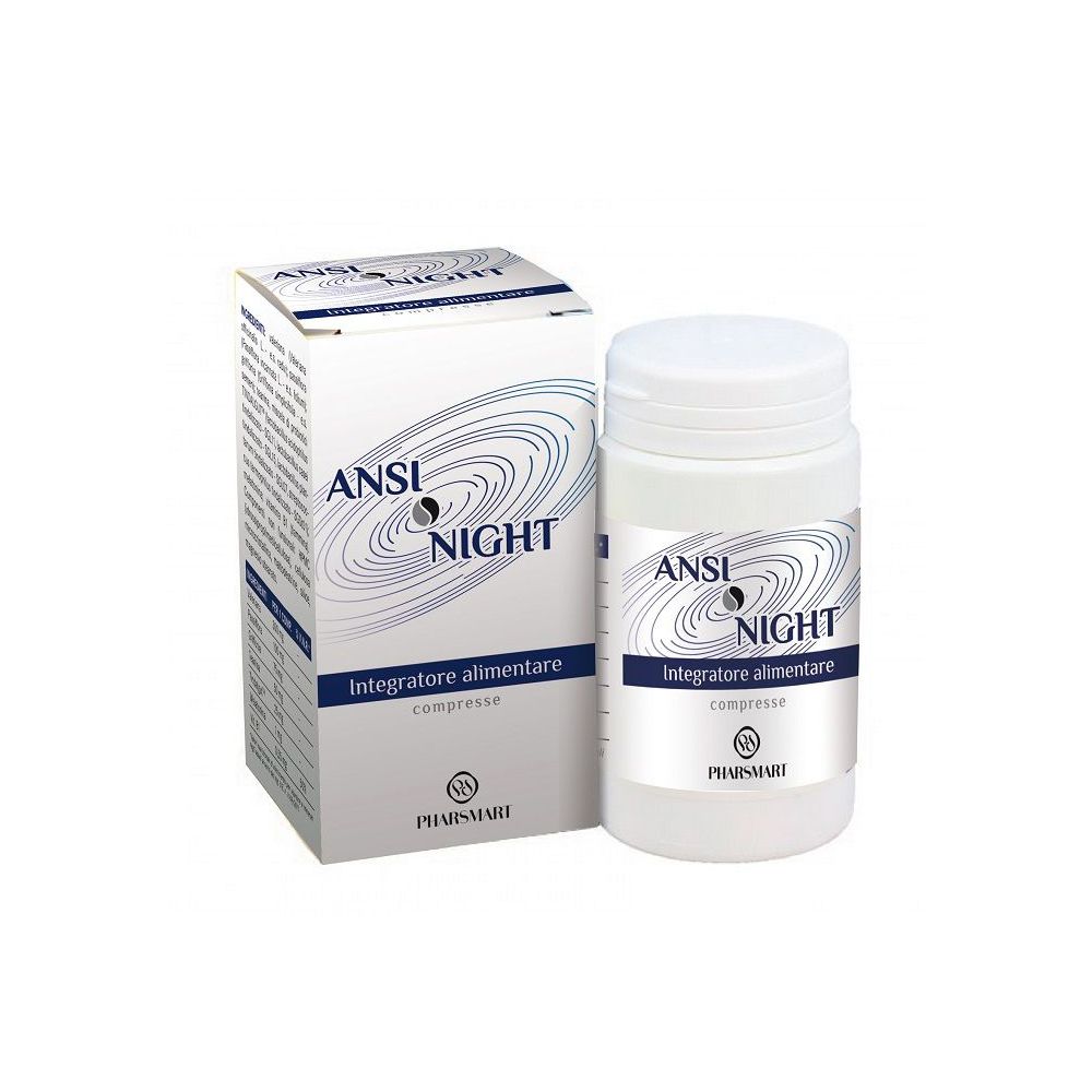 Flacone e scatola di compresse bianche. Scritta: ANSI NIGHT, integratore alimentare. Logo e scritta PHARMASMART.