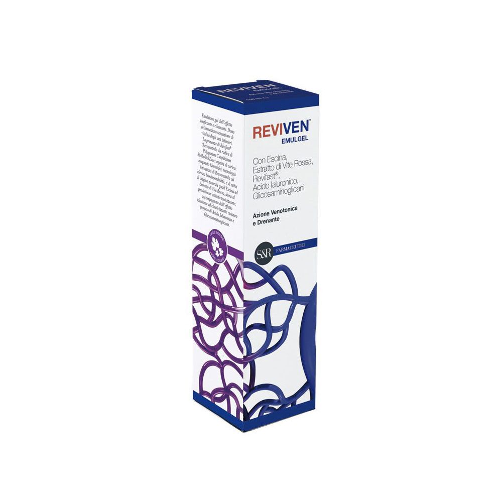 Confezione del prodotto Reviven Emulgel. Scatola blu e bianca con nome del prodotto e ingredienti.