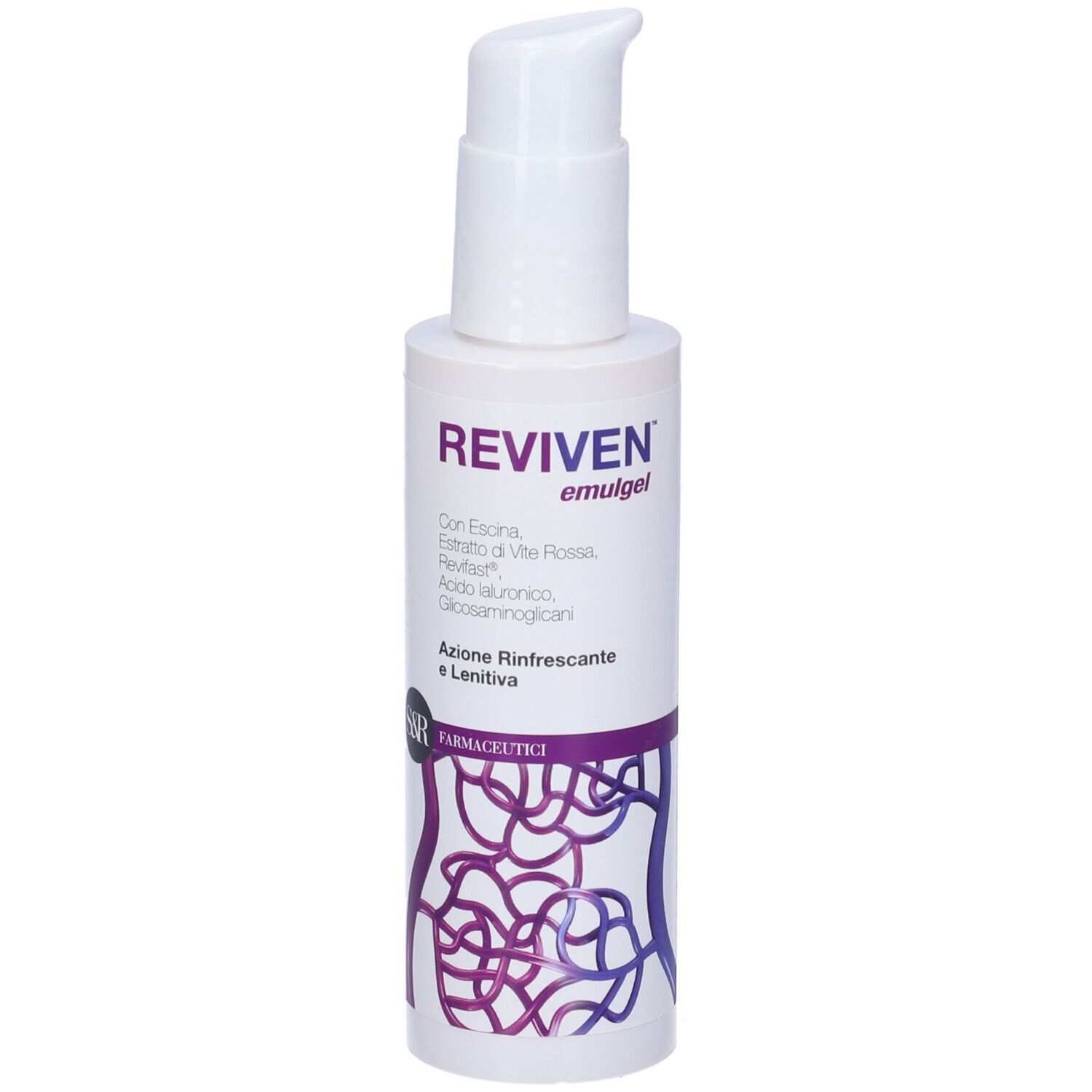 Flacone bianco Reviven Emulgel con dosatore a pompa. Nome del prodotto e ingredienti visibili.