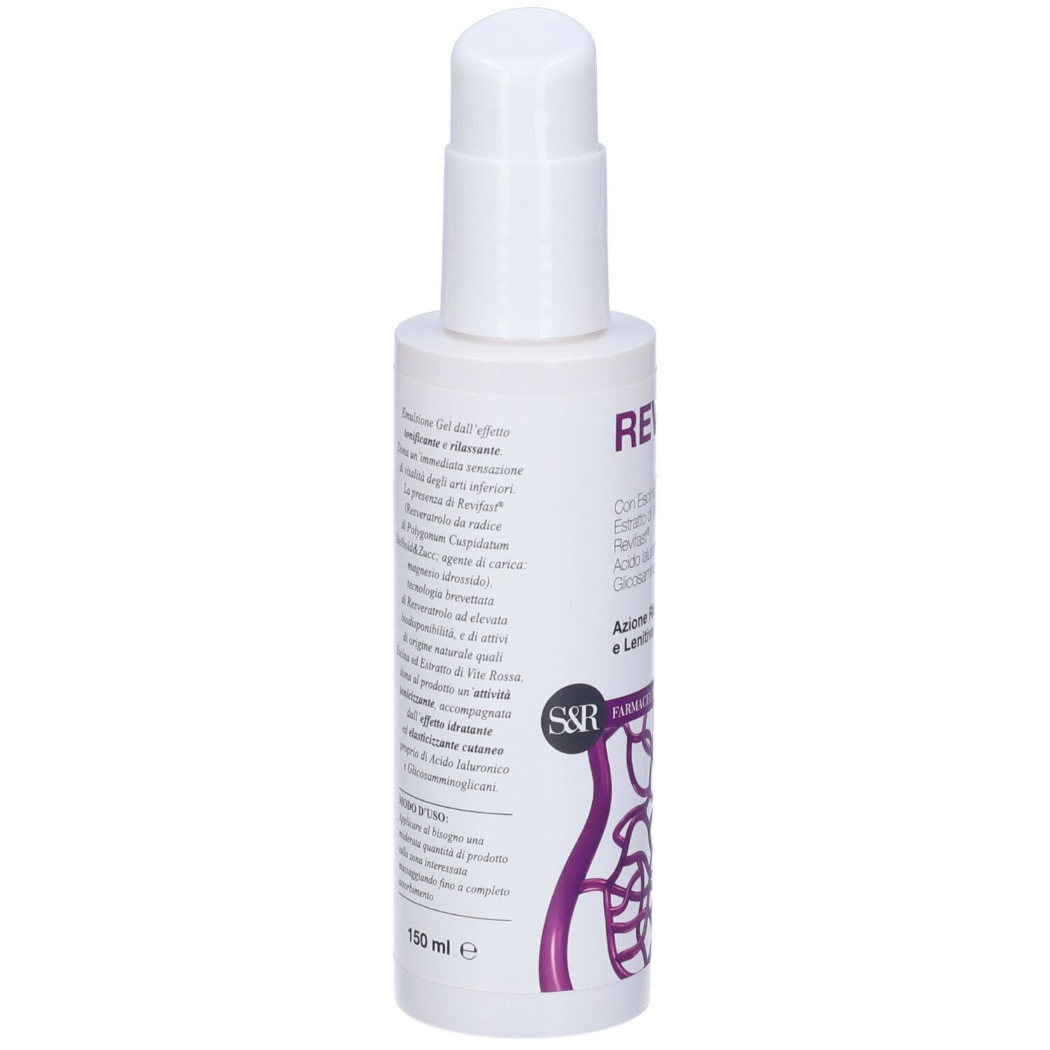Retro del flacone bianco Reviven Emulgel. Testo con ingredienti e istruzioni per l'uso.
